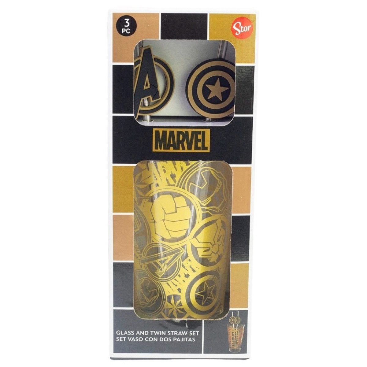 The AVENGERS Glas Glas 480 ml mit 2 Edelstahl Trinkhalmen, 3-tlg., Glas