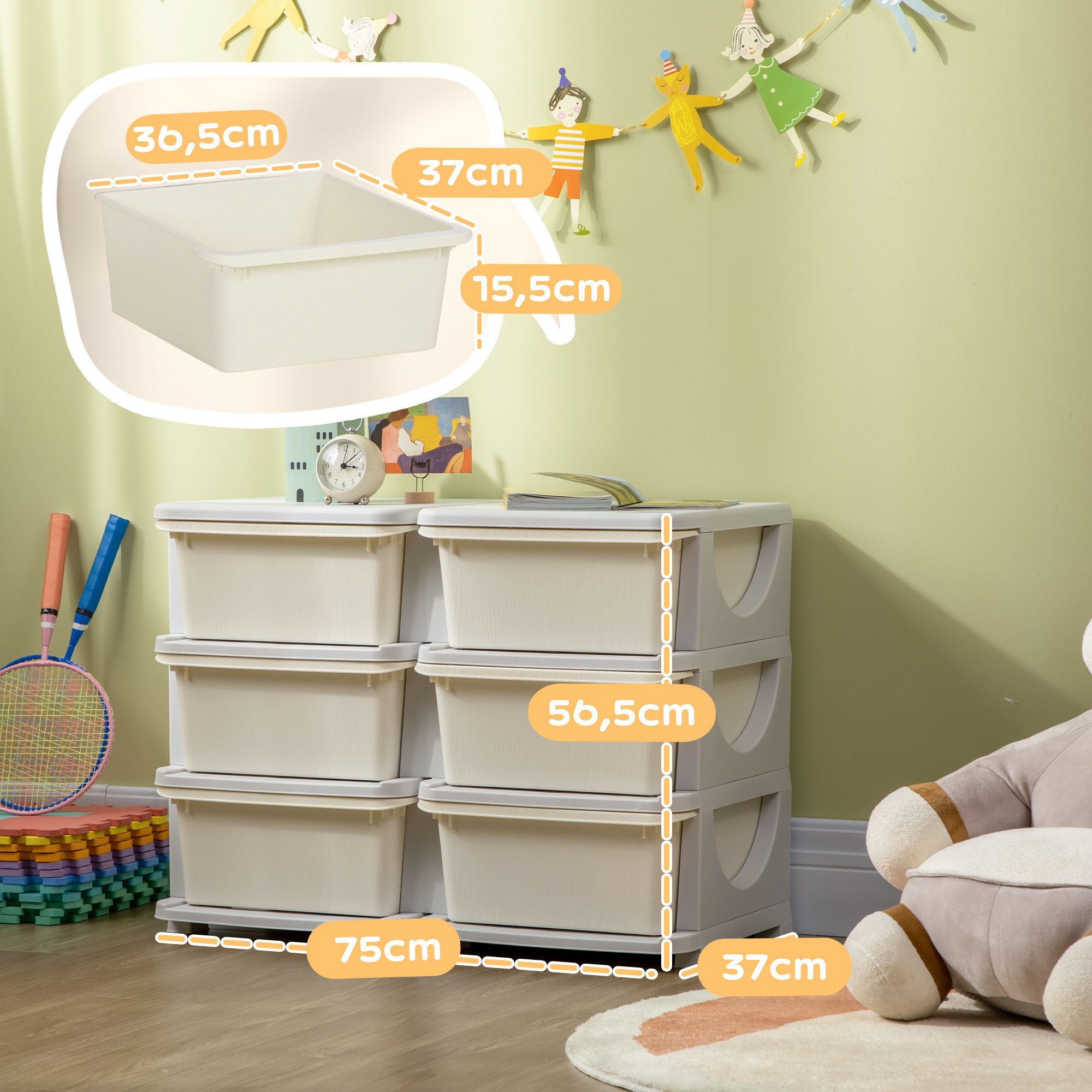 HOMCOM Spielzeugtruhe Schubladenschrank, Spielzeug-Organizer, sechs Ebenen, 3-6 Jahre (Spielzeugkiste, 1 St., Aufbewahrungsbox), für Kinderzimmer, Cremeweiß