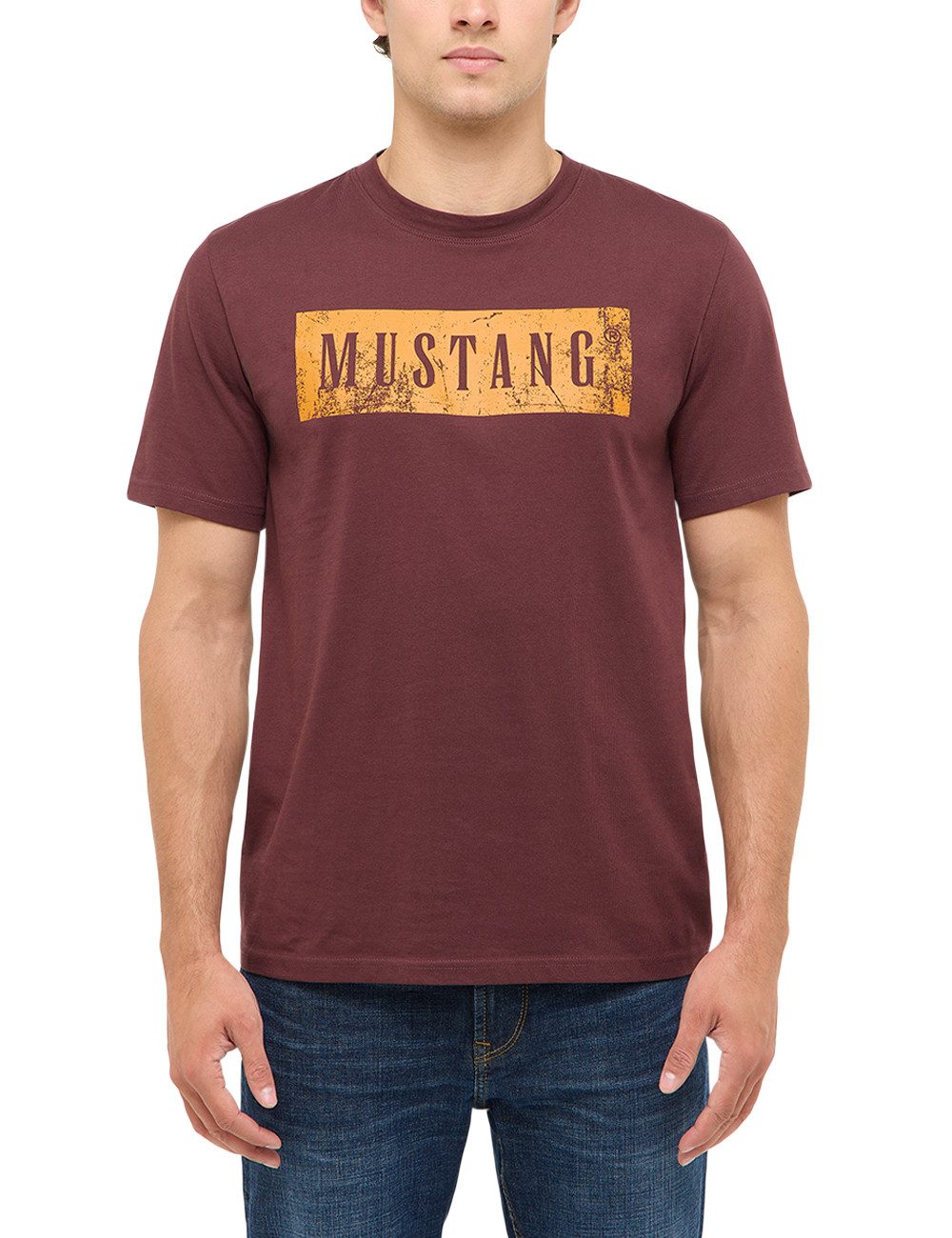 MUSTANG T-Shirt mit großem Logoprint vorn in Used-Optik, Baumwollqualität