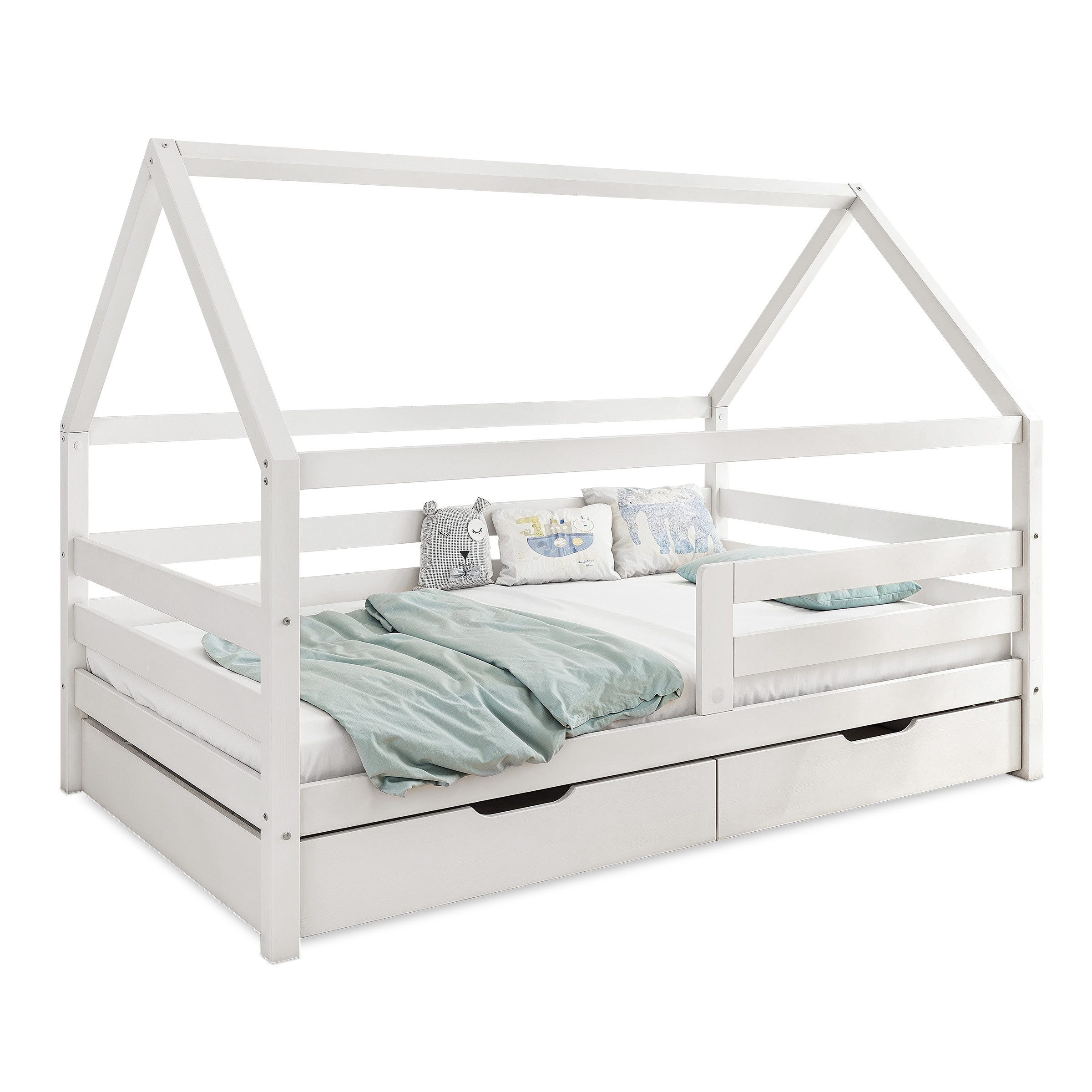 Ehrenkind Hausbett Sona aus massivem Kiefernholz, FSC® zertifiziert (mit Rausfallschutz in weiß), Hausbett 90x200 cm