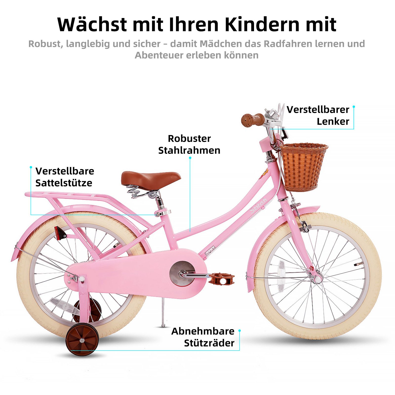 JOYSTAR Kinderfahrrad 12 14 16 18 Zoll fahrrad für 2-9 Jahre alte Mädchen & Jungen, mit Kotflügel, Stützrädern, Korb, Gepäckträger, Kettenabdeckung