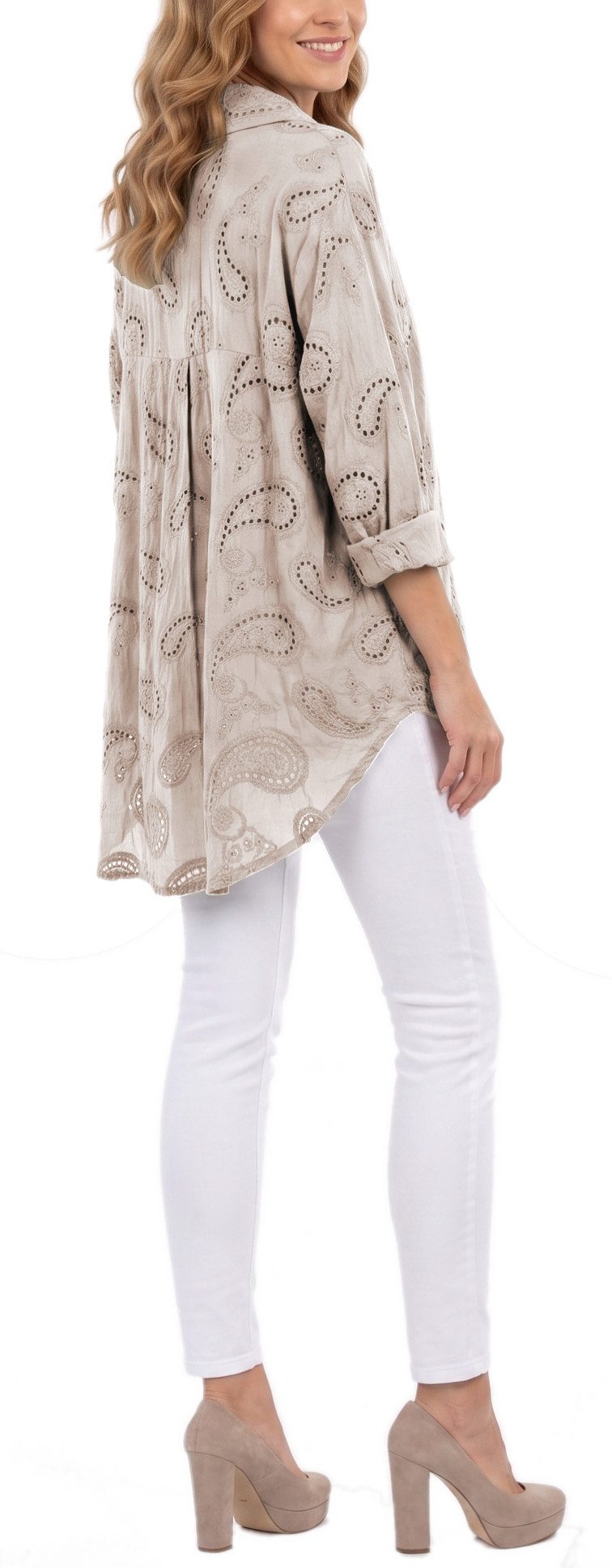 dy_mode Longbluse Damen Longbluse Oversize Tunika Boho Baumwollbluse Sommerbluse in Unifarbe, mit Paisley Lochstickerei, in Vokuhila-Schnitt