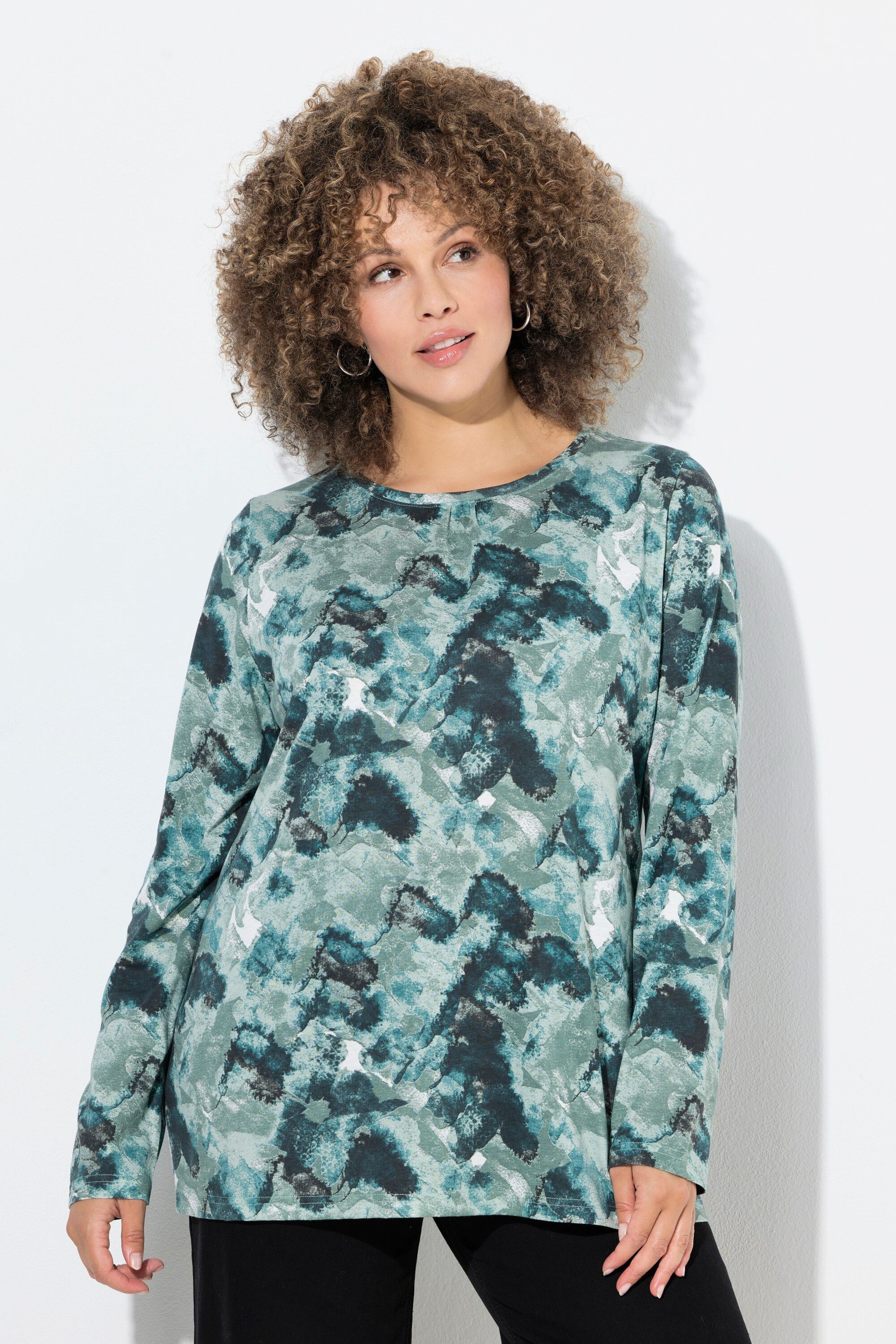 T-Shirt Shirt Blüten Zierfalten A-Linie Rundhals Langarm