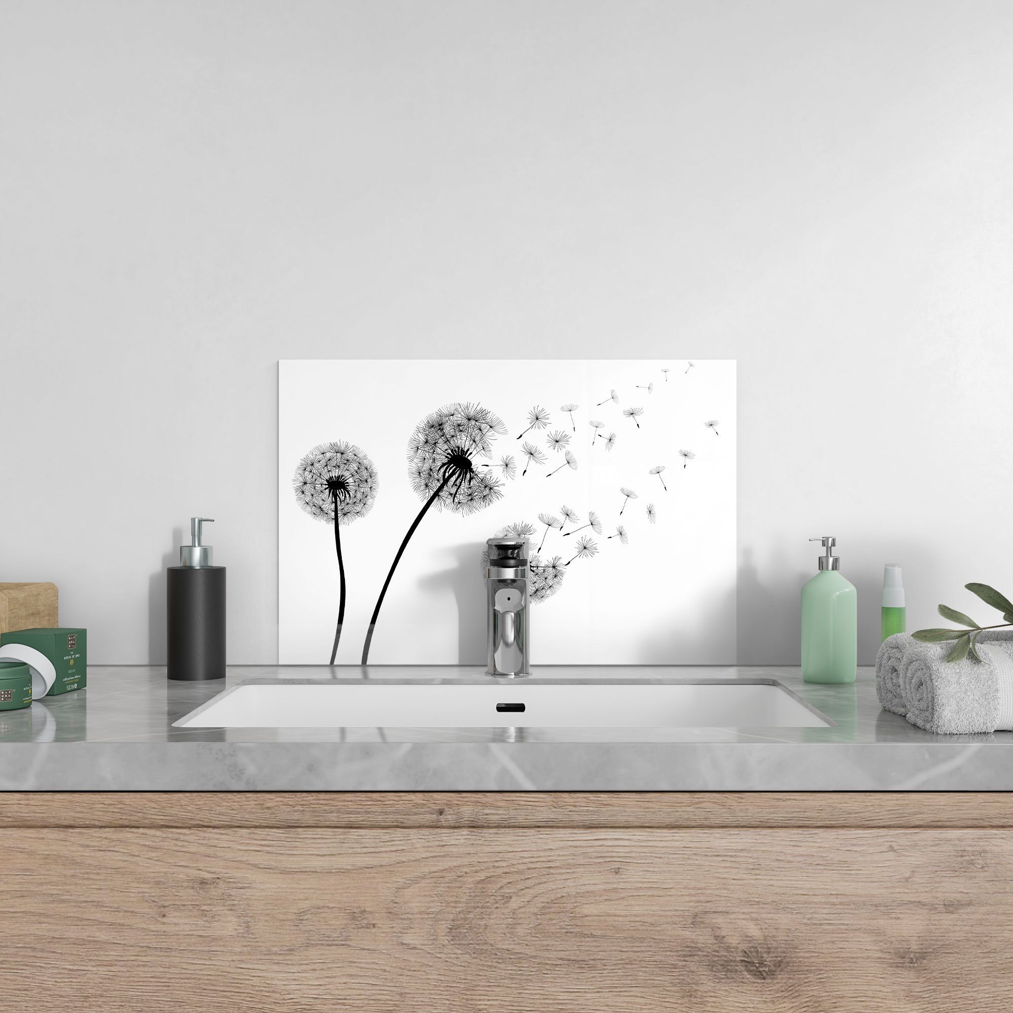 Küchenrückwand DEQORI Glas Badrückwand 'Schwarze Spritzschutz Pusteblumen', Herdblende