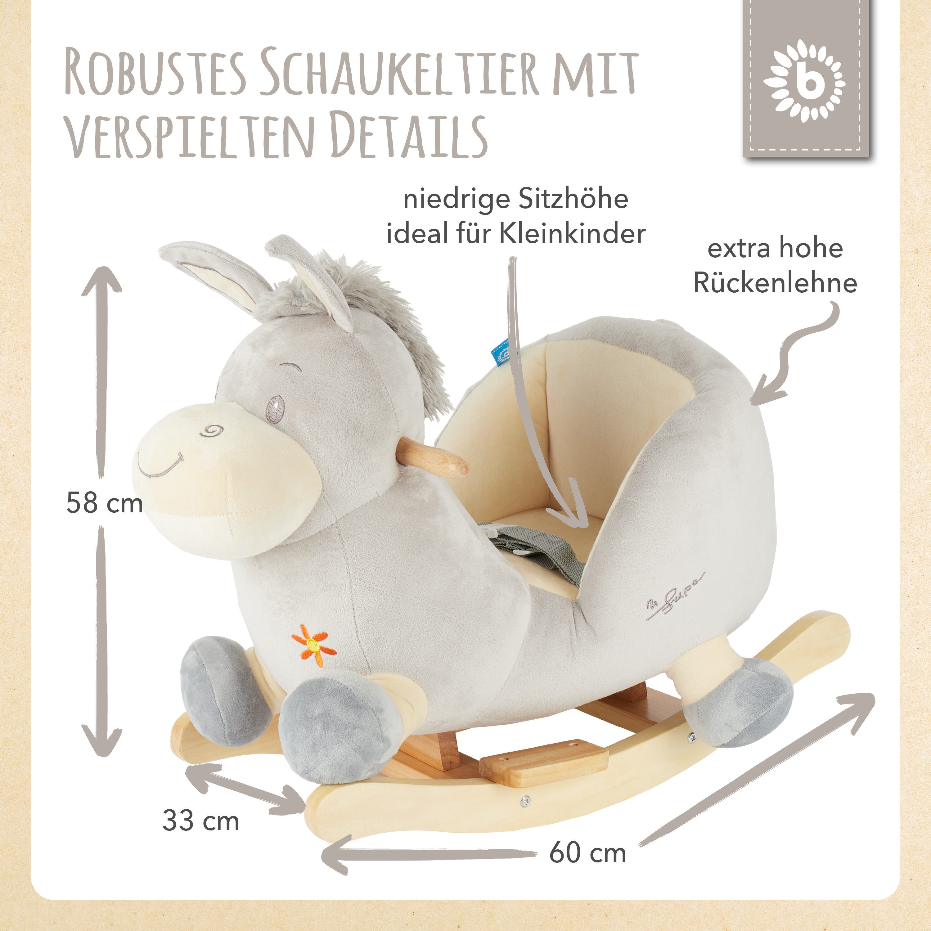BIECO Schaukeltier Bieco Plüsch Schaukeltier Esel Fips, 60 cm – Bild 5 von 5