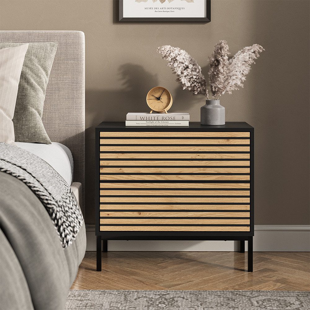 Vicco Nachtschrank Eliza, Schwarz/Eiche, 66 x 60 cm mit 2 Schubladen