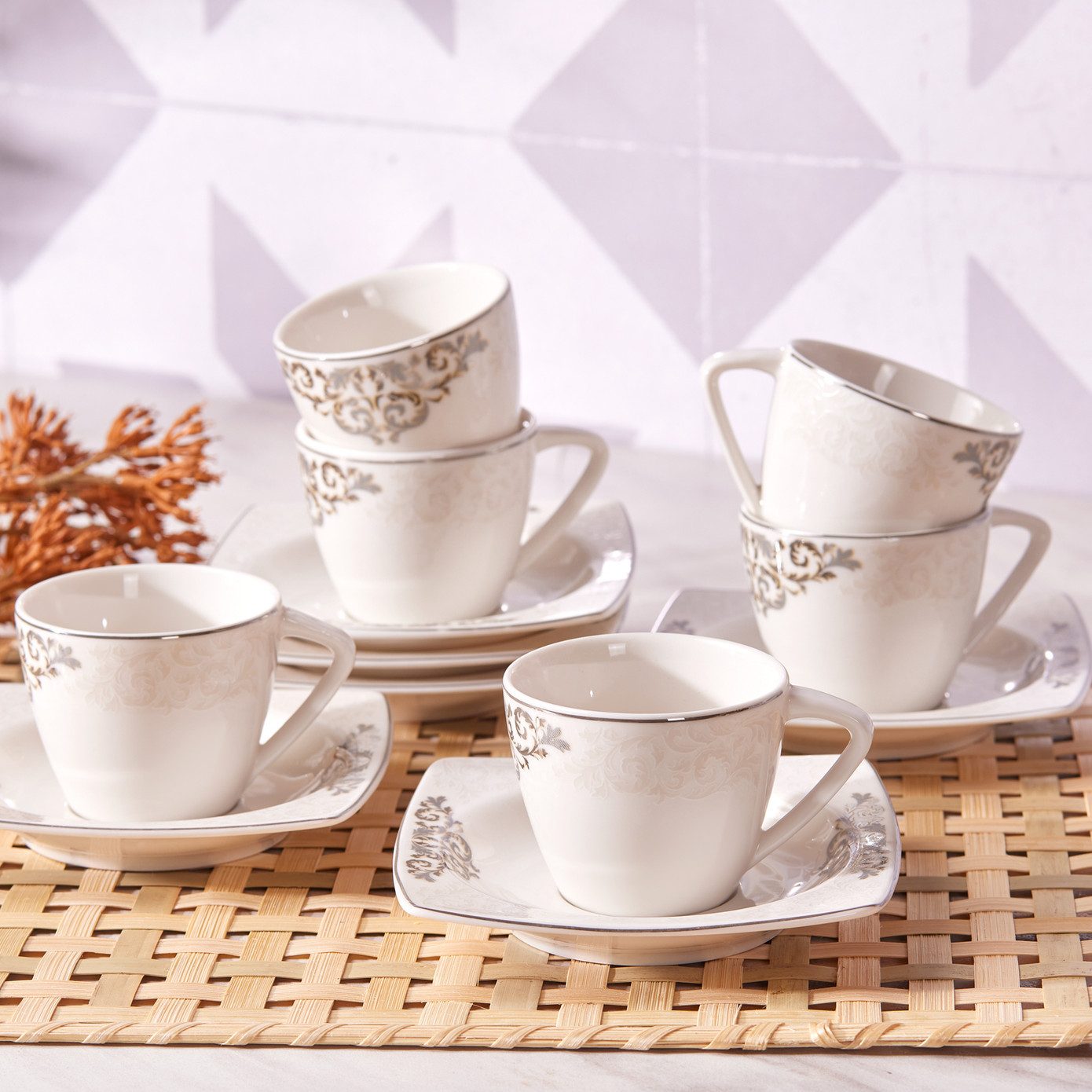 Karaca Kaffeeservice Karaca Nazende 80 ml Kaffeetasse mit Untertasse Set 6 Personen, Weiß