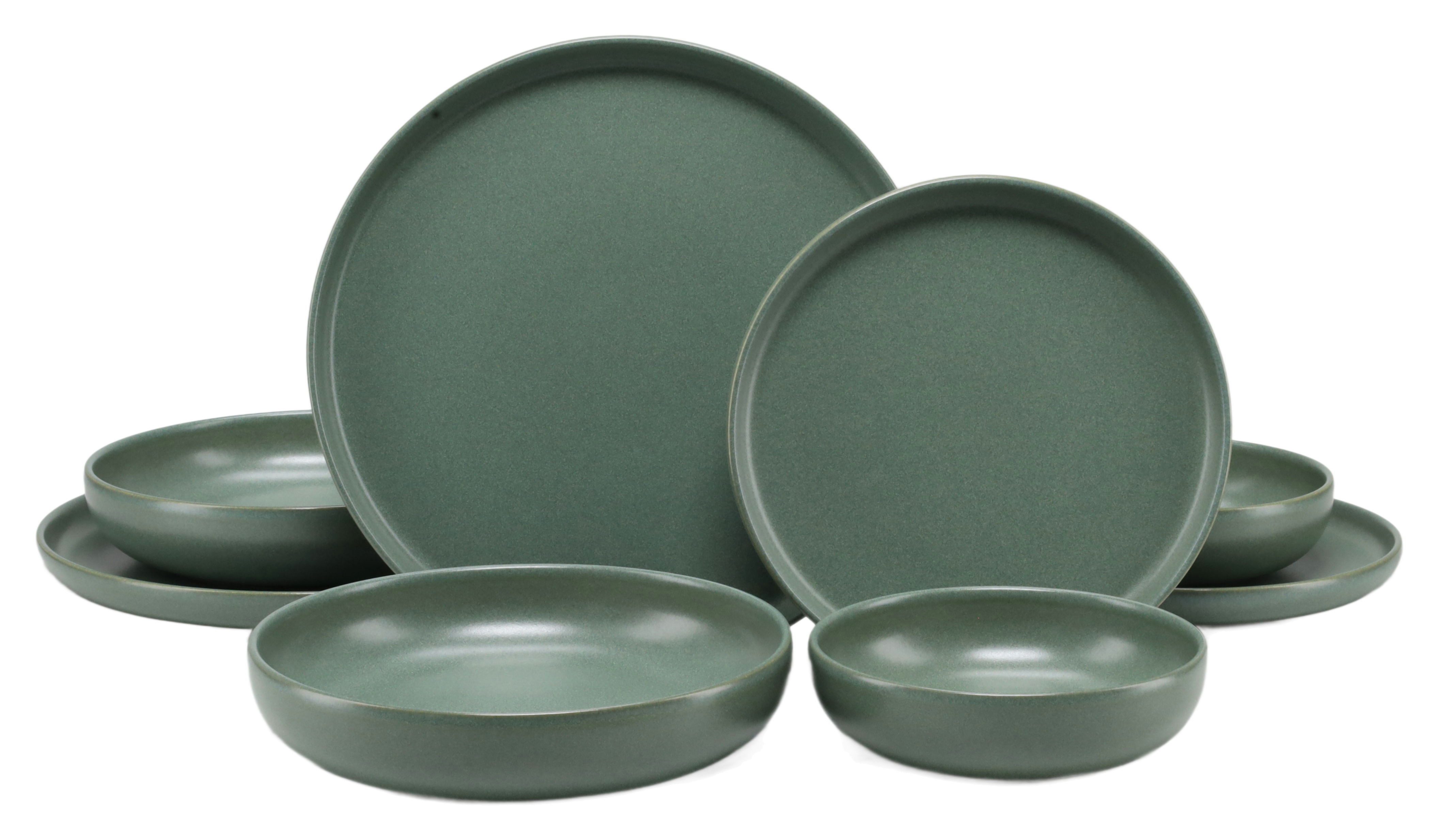CreaTable Teller-Set Uno, Geschirr-Set, 8-tlg. (8-tlg), 2 Personen, Steinzeug, Seidenmatten Grün-Glasur, Klare Konturen mit sanften Rundungen