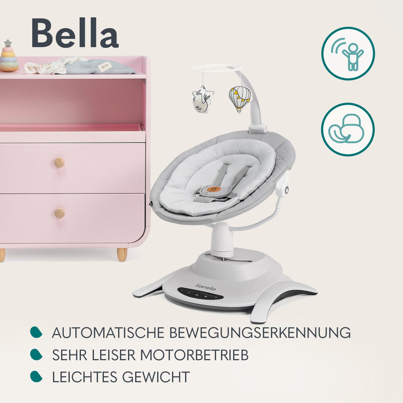 lionelo Babywippe Bella und Bella Set, 360' drehbarer Sitz, 12 beruhigende Melodien mit Lautstärkeregelung – Bild 4 von 5