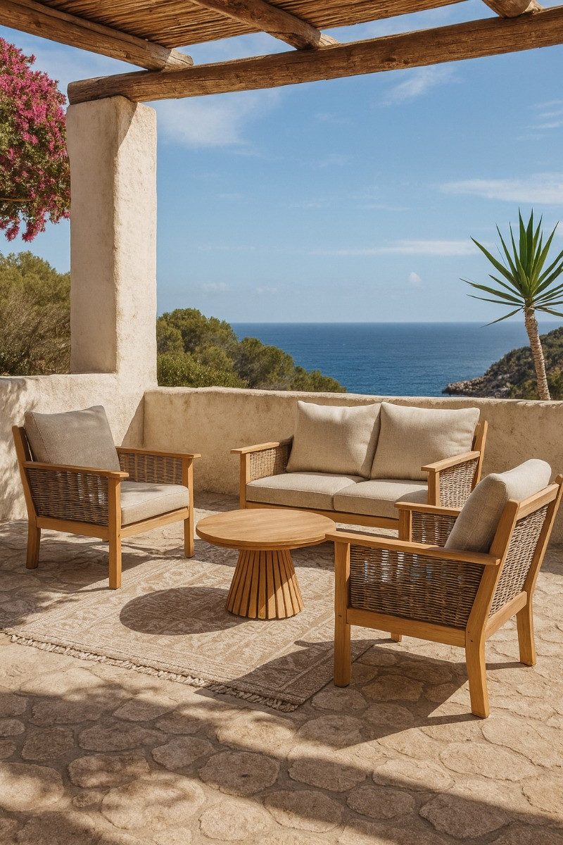 Livingfurn Gartenlounge-Set Malaga Teak Holz Bank, 2 x Sessel mit Armlehnen, Tisch, Bestehend aus 2 Sessel, einer Gartenbank einem Tisch und 8 Auflagen