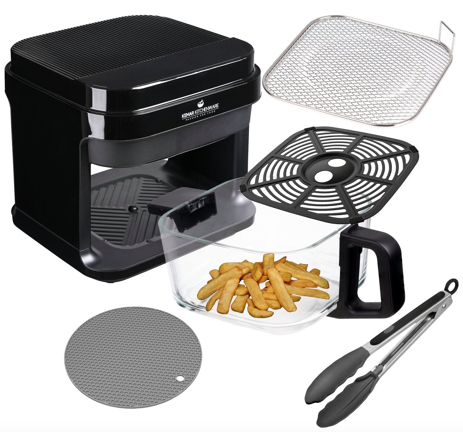 KeMar Kitchenware Heißluftfritteuse, 1200,00 W, Glasbehälter, Edelstahleinsatz, ohne Beschichtung, Zange, Silkonmatte