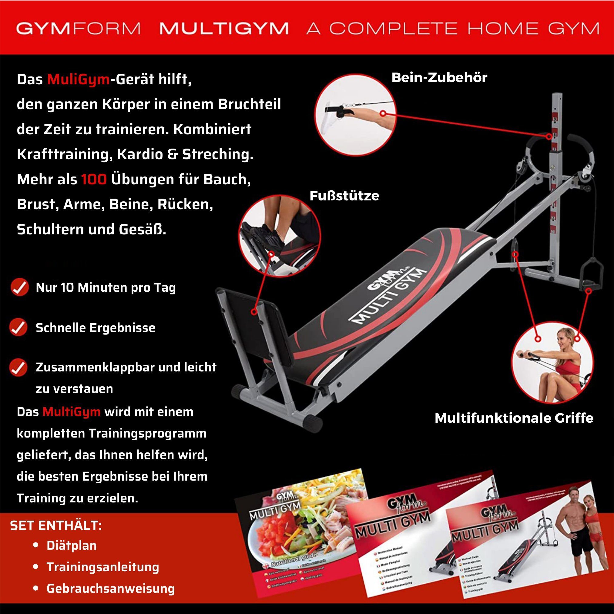 Gymform® Heimtrainer Multigym (7-tlg., mit Beinzubehör, mit Seilzug), Kraftstation, Ganzkörpertraining in kürzester Zeit, Fitness Bank