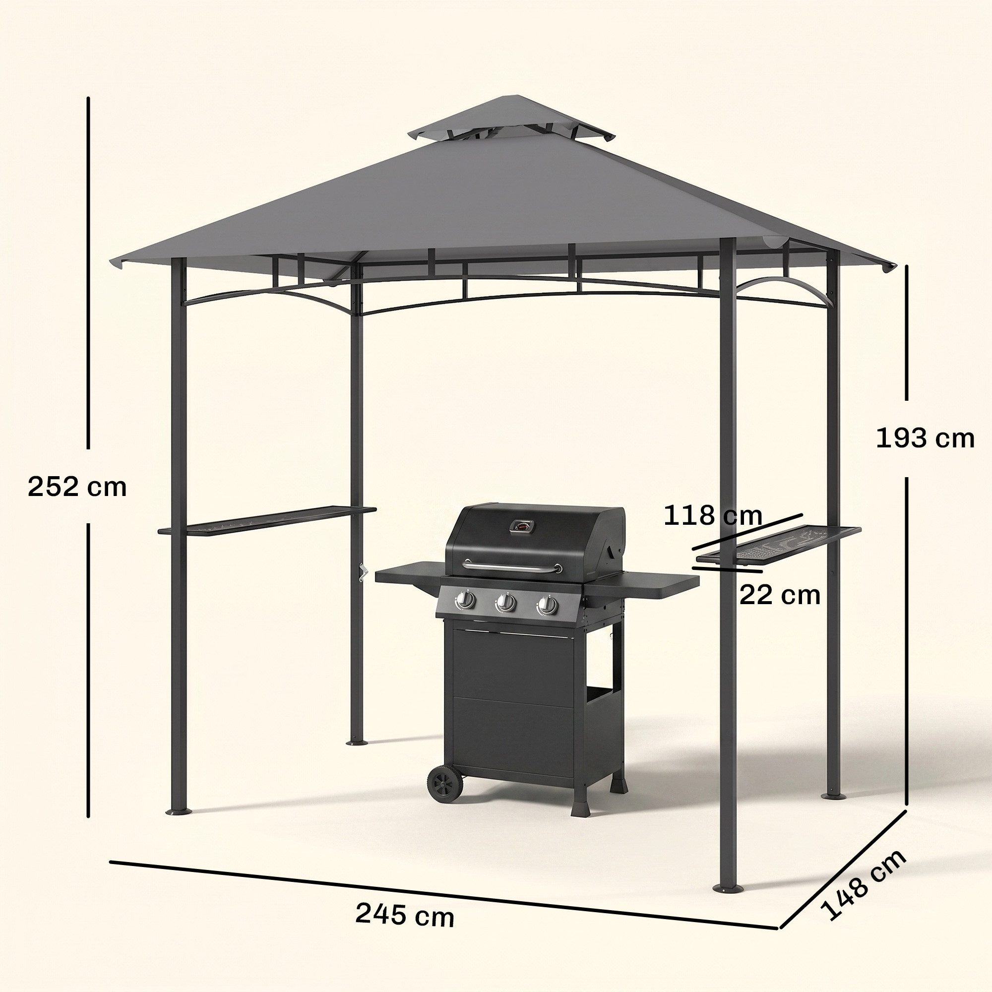 Outsunny Grillpavillon Balkonpavillon mit Ablagen Flammhemmendes Doppeldach, mit 4 Seitenteilen, (Gartenzelt, Grillpavillon), für Garten, Balkon, Grau