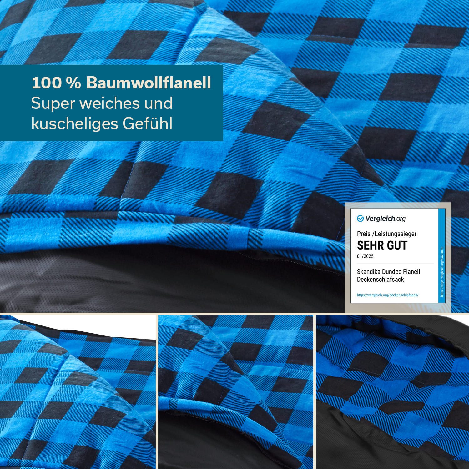 Skandika Schlafsack Dundee + Kopfkissen, 3 Jahreszeiten, bis -20°C - 220x80cm, Koppelbar (Innentasche mit Klett, Koppelbar, Kapuze/Kopfteil mit Kordel), Innenfutter aus Baumwolle/Flanell, Kompressionssack, Waschbar