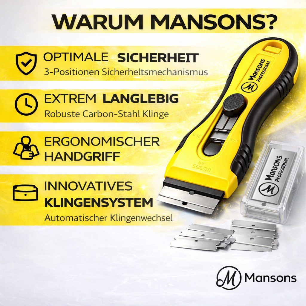 Mansons Glasschaber Pro mit automatischem Klingenwechsel & 16 Klingen 16 Ersatzklingen