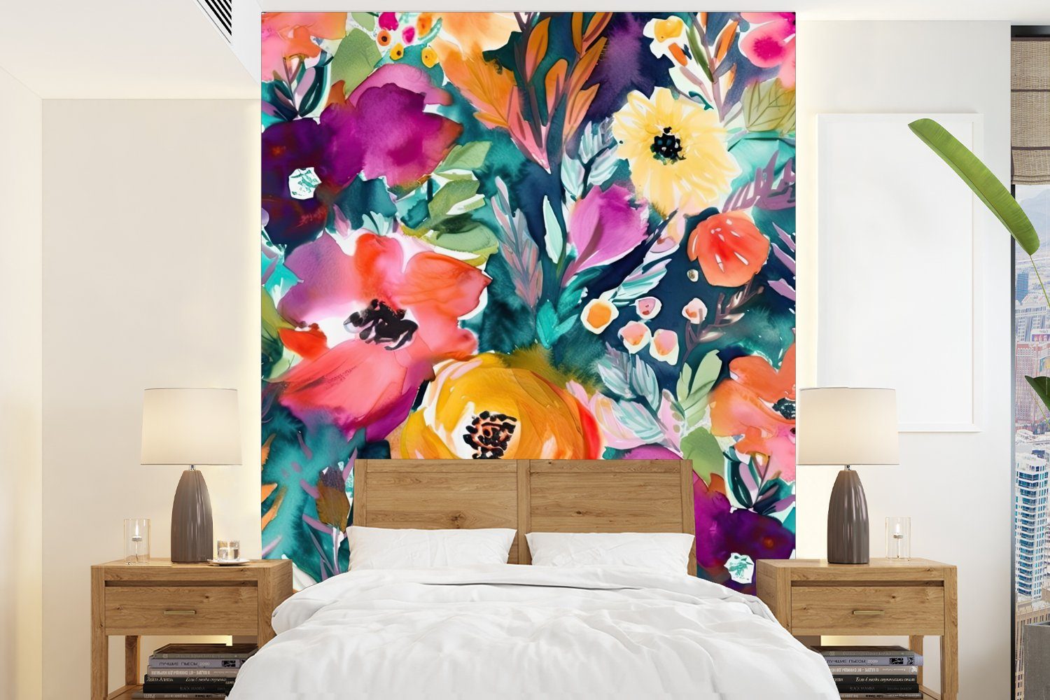 MuchoWow Fototapete Blumen - Ölfarbe - Kunst - Natur, Matt, bedruckt, (4 St), Montagefertig Vinyl Tapete für Wohnzimmer, Wandtapete