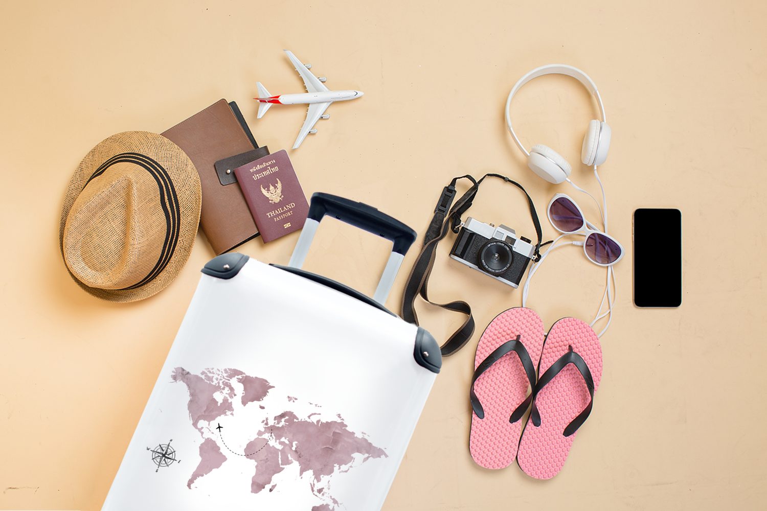 rollen, mit Handgepäck Ferien, Rollen, Rosa - Trolley, Reisetasche Weltkarte Reisen, für 4 - Reisekoffer MuchoWow Handgepäckkoffer