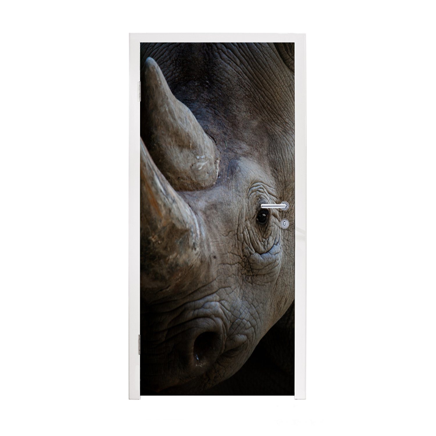 MuchoWow Türtapete Rhinozeros - Schwarz, Matt, bedruckt, (1 St), Fototapete für Tür, Türaufkleber, 75x205 cm