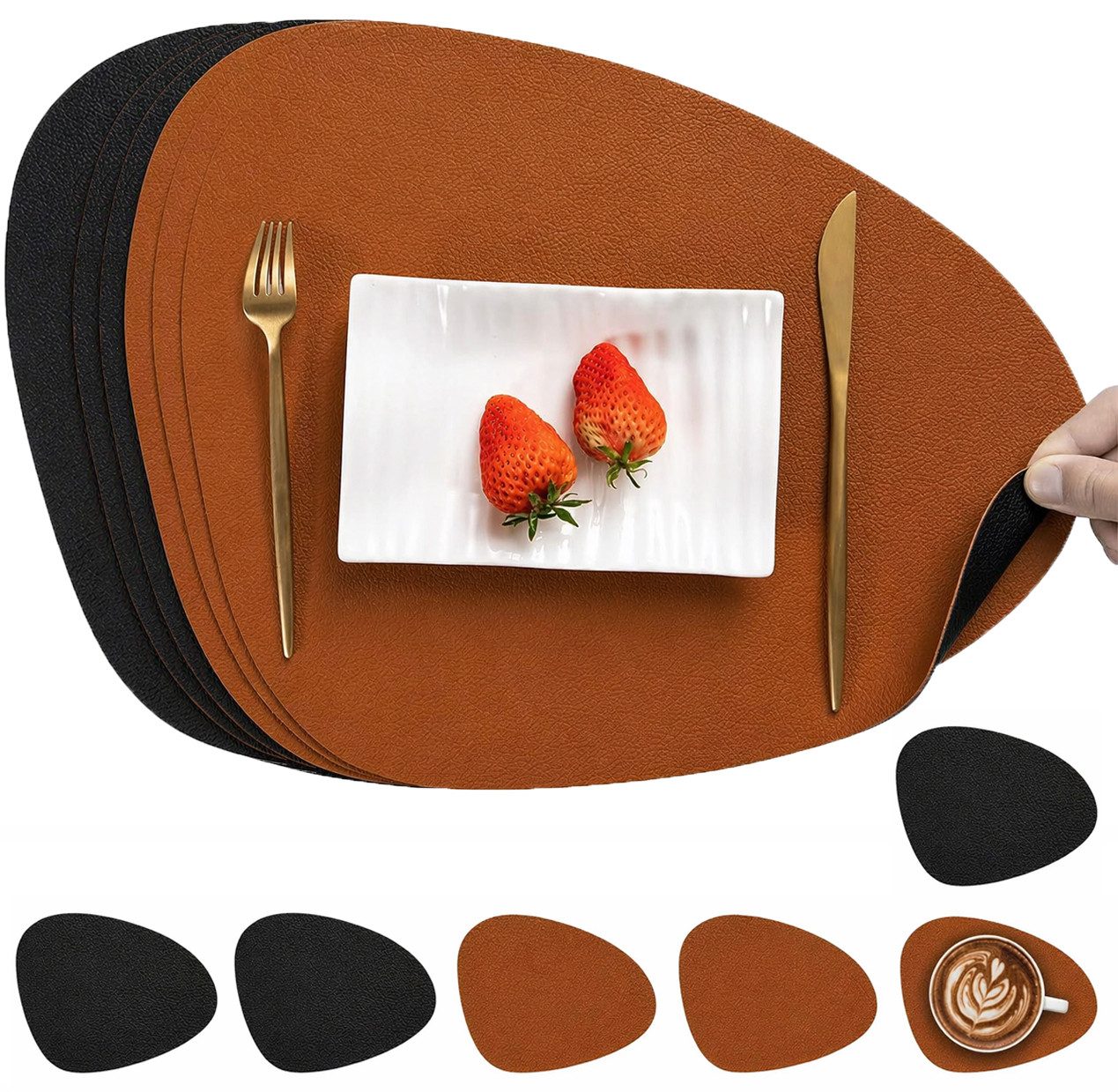 MOPUEA Platzset Platzset Tischmatte Kunstleder, doppelseitig verwendbar, (12-St), Braun/Schwarz, abwischbar