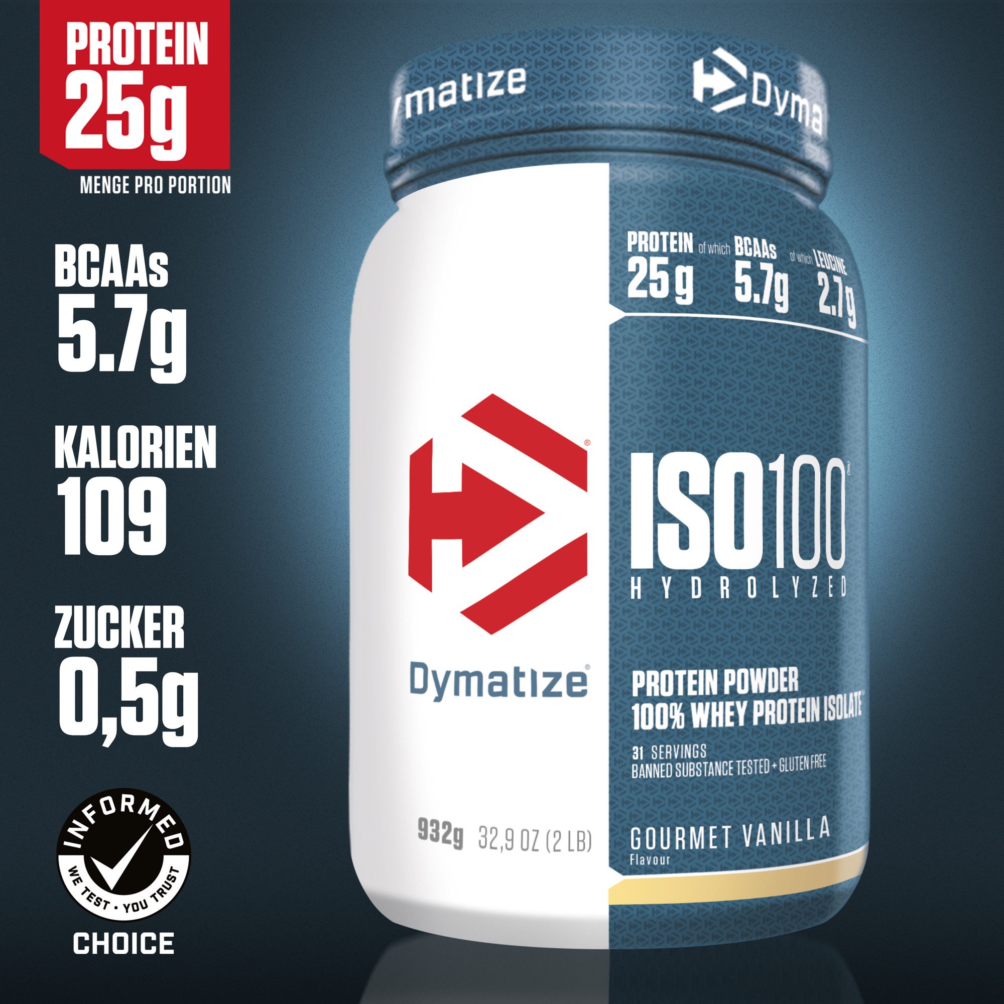Dymatize Whey Protein Pulver Shake Eiweiß ISO 100 Gourmet Vanilla 932 g Pulver, 932 g