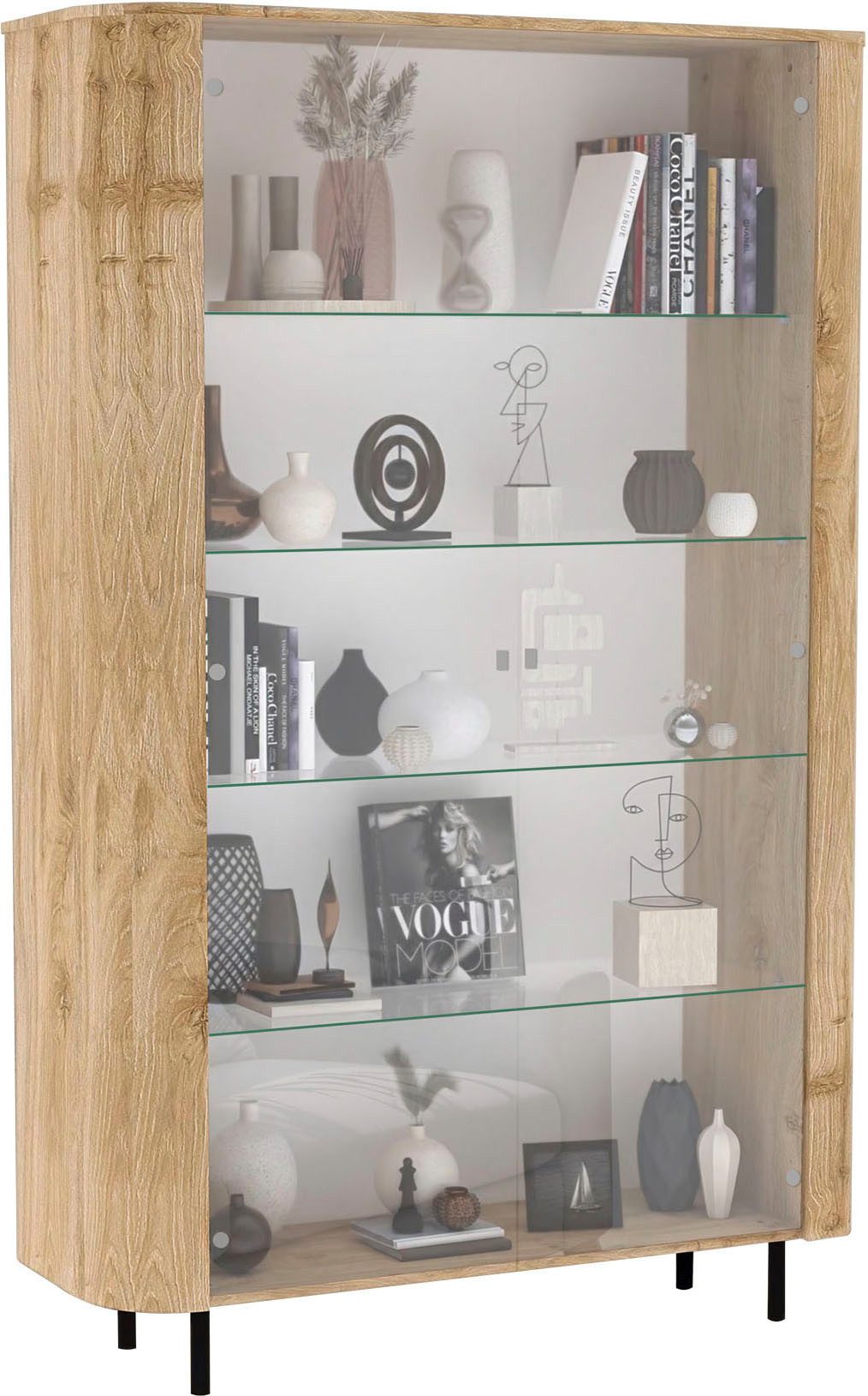 Home affaire Vitrine Murano, Standvitrine H 200 cm, B 131 cm, 2 Türen, Vitrinenschrank Formgebogenes MDF, Stirnseiten mit Rundung, Metallfüße, stilvoll