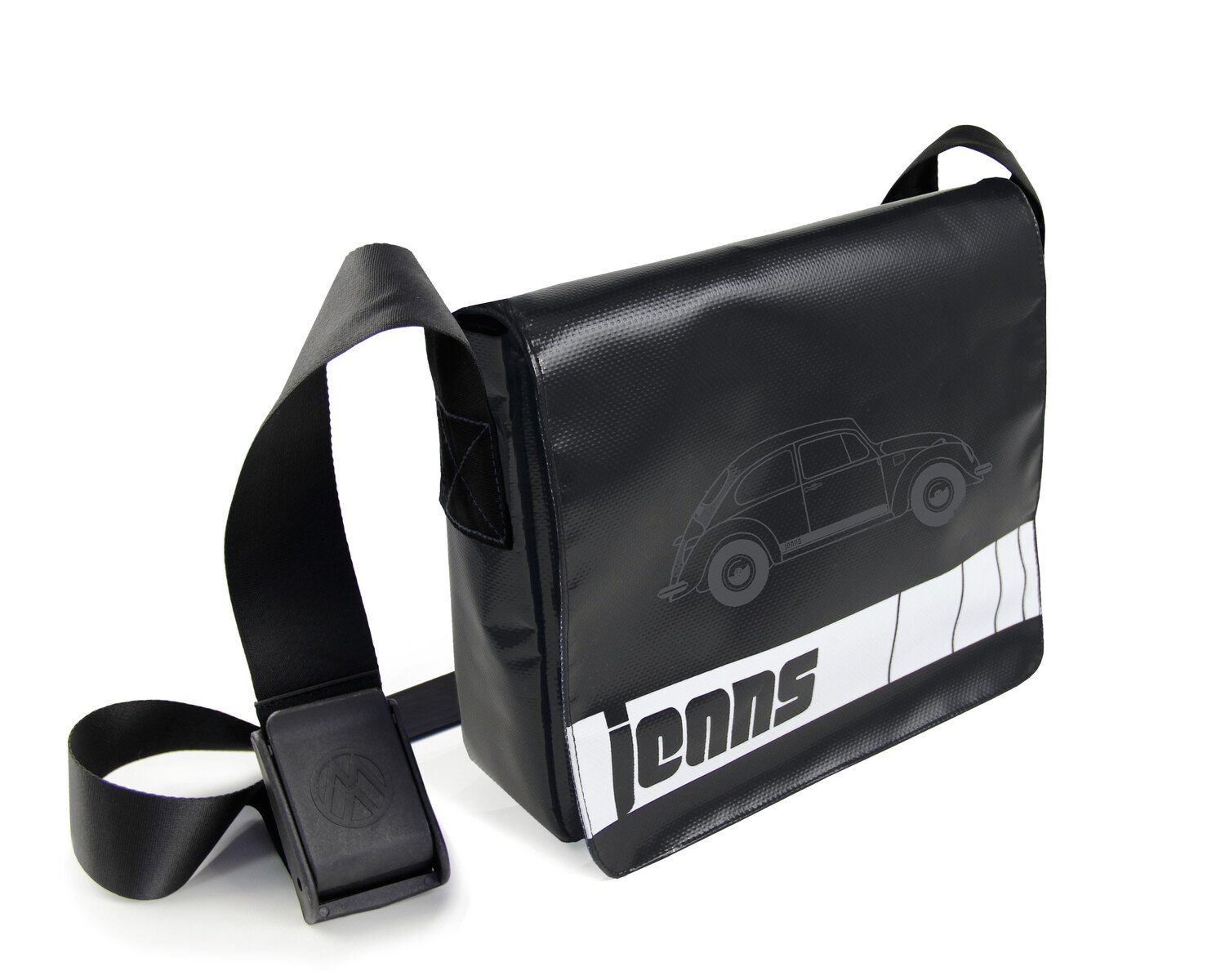 VW Collection by BRISA Schultertasche Volkswagen Umhängetasche mit VW Käfer-Motiv, schwarze Laptoptasche mit gepolstertem Fach, 33 x 40 x 12 cm
