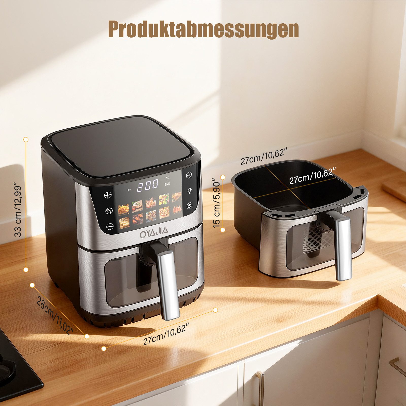 oyajia Heißluftfritteuse 9 Liter XXL Air Fryer, 10in1 Heißluftfritteuse, Farb-LED-Display mit Sensor-Touch Bedienung, fettfreie Zubereitung, inkl. Timer, platzs – Bild 5 von 5