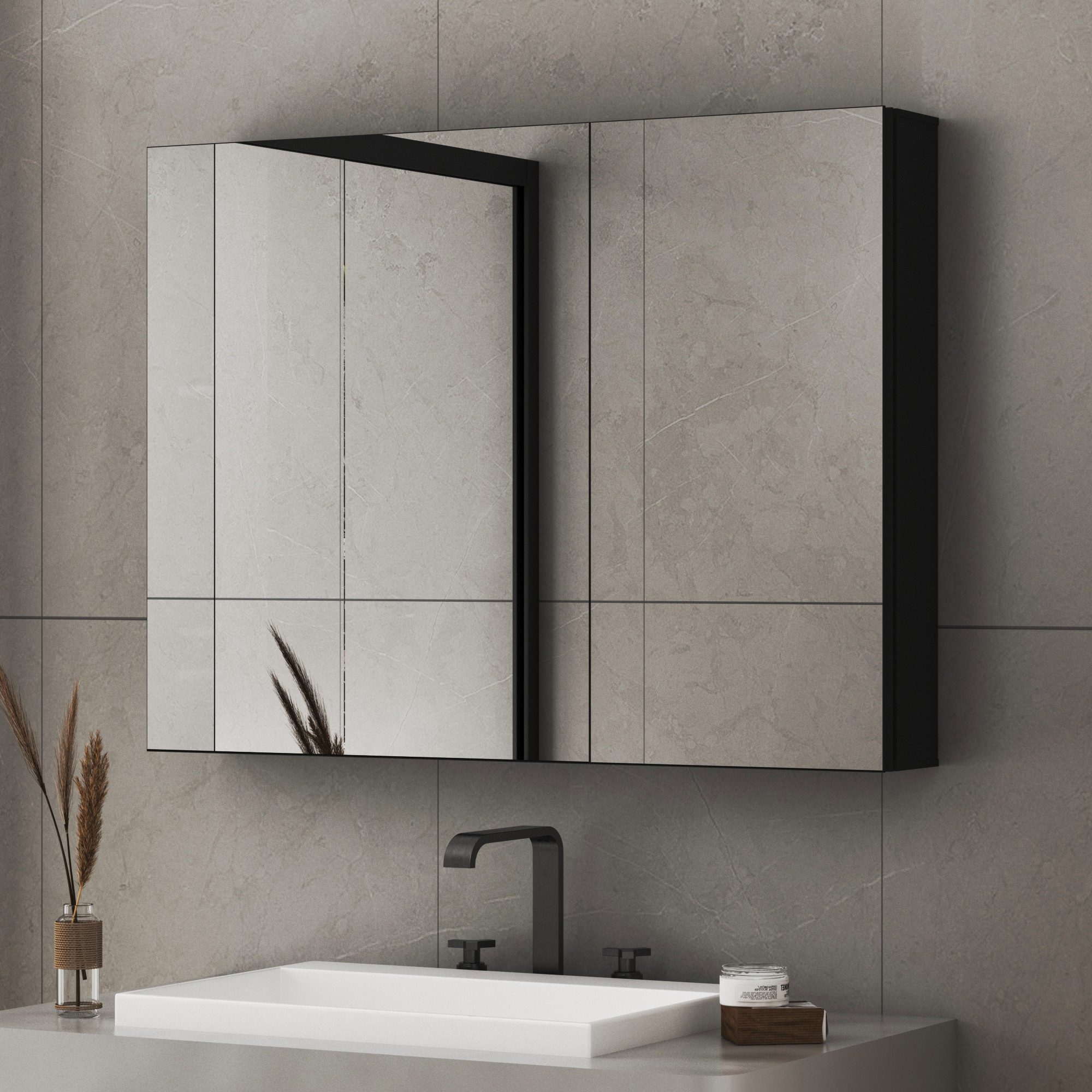 Hopibath Badspiegel mit Schrank Badezimmer Schrank mit Spiegel Spiegelschrank 2 türig (Badschrank Wandschrank, 80x13,5x60cm), Doppelseitiger Spiegel, Verstellbare Glasböden, Softclose-Scharnieren