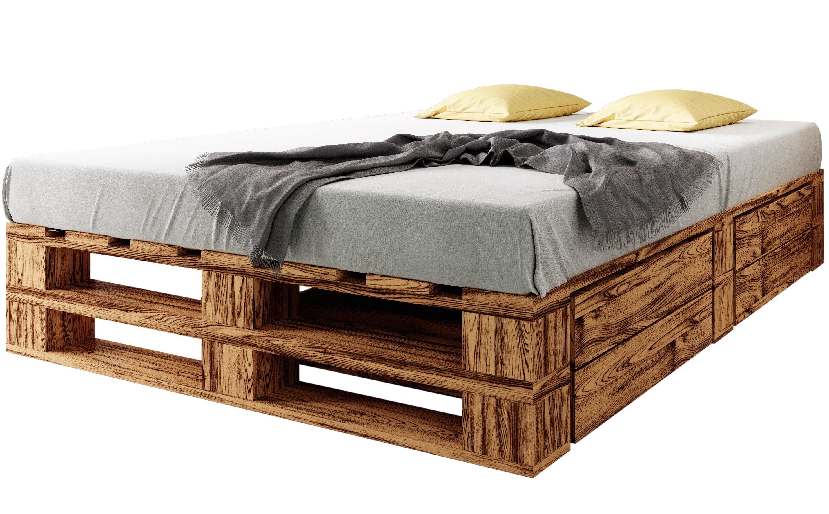 sunnypillow Palettenbett sunnypillow Palettenbett M2 aus Holz mit  Lattenrost und 2 Bettkästen, 2 x Bettschubladen - Naturholz
