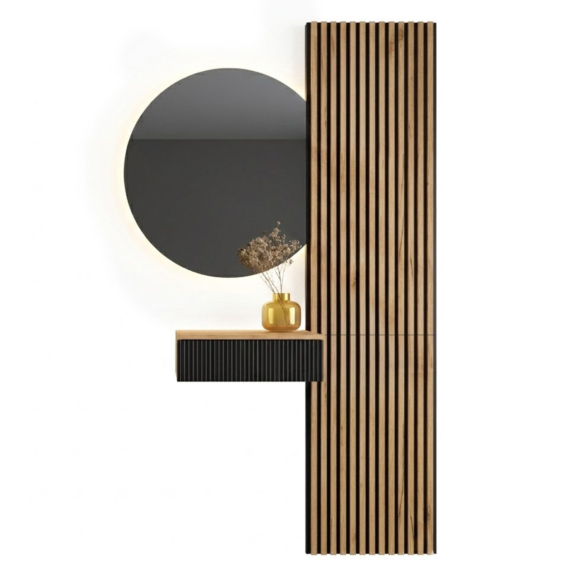 Planetmöbel Garderoben-Set AMYRA Flur Garderobe Spiegel mit Beleuchtung & Akustikpaneele, (LED Spiegel AUBE 80 x 70 cm, Touch-Funktion, Dimmbar, Konsolentisch 50 cm mit moderner Front schwarz), Akustikpaneele 2 x 120cm mit MDF-Latten & 5mm Filzplatte