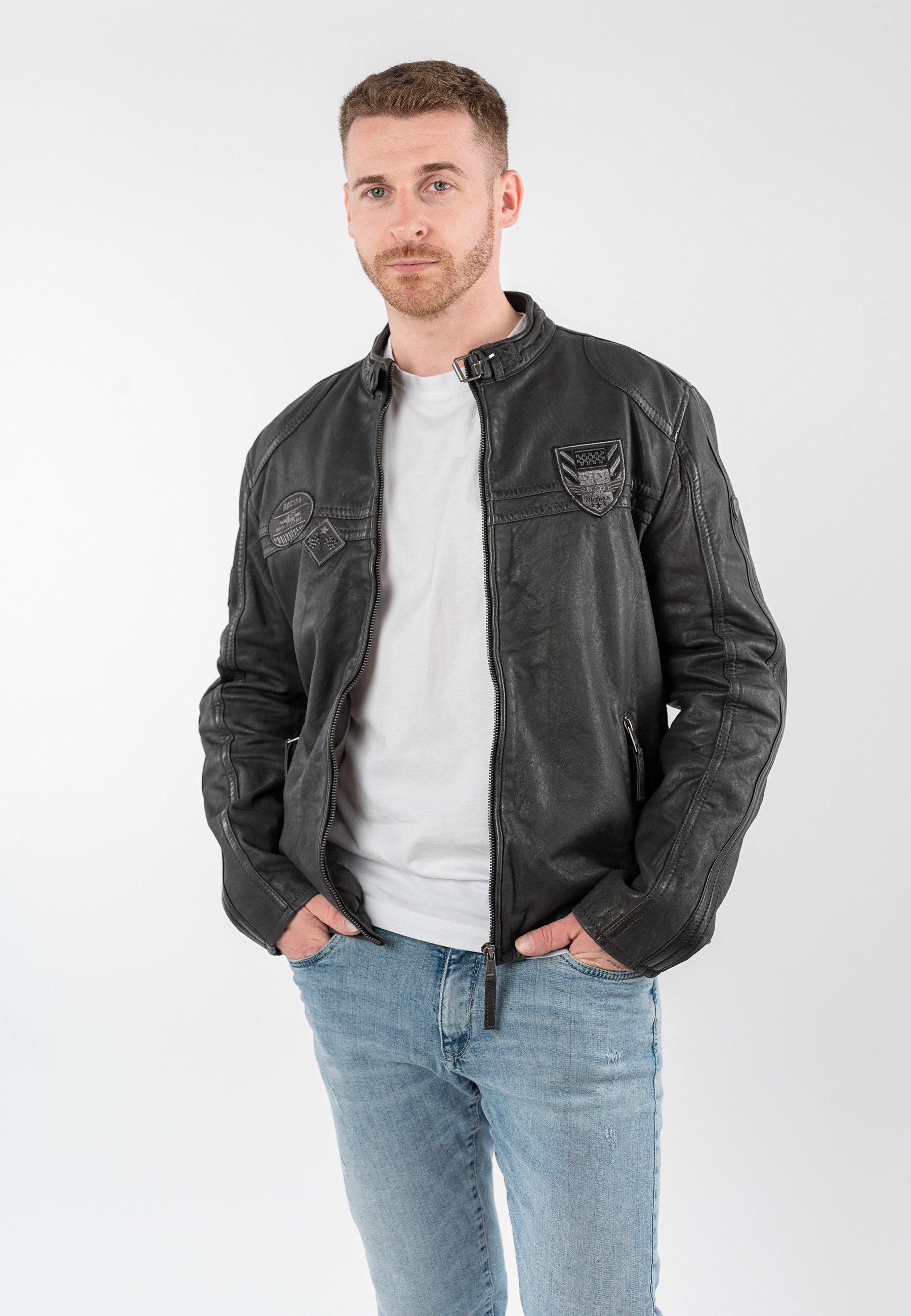 Mauritius Lederjacke MMTorbu mit Lederbadges im Racing-Stil