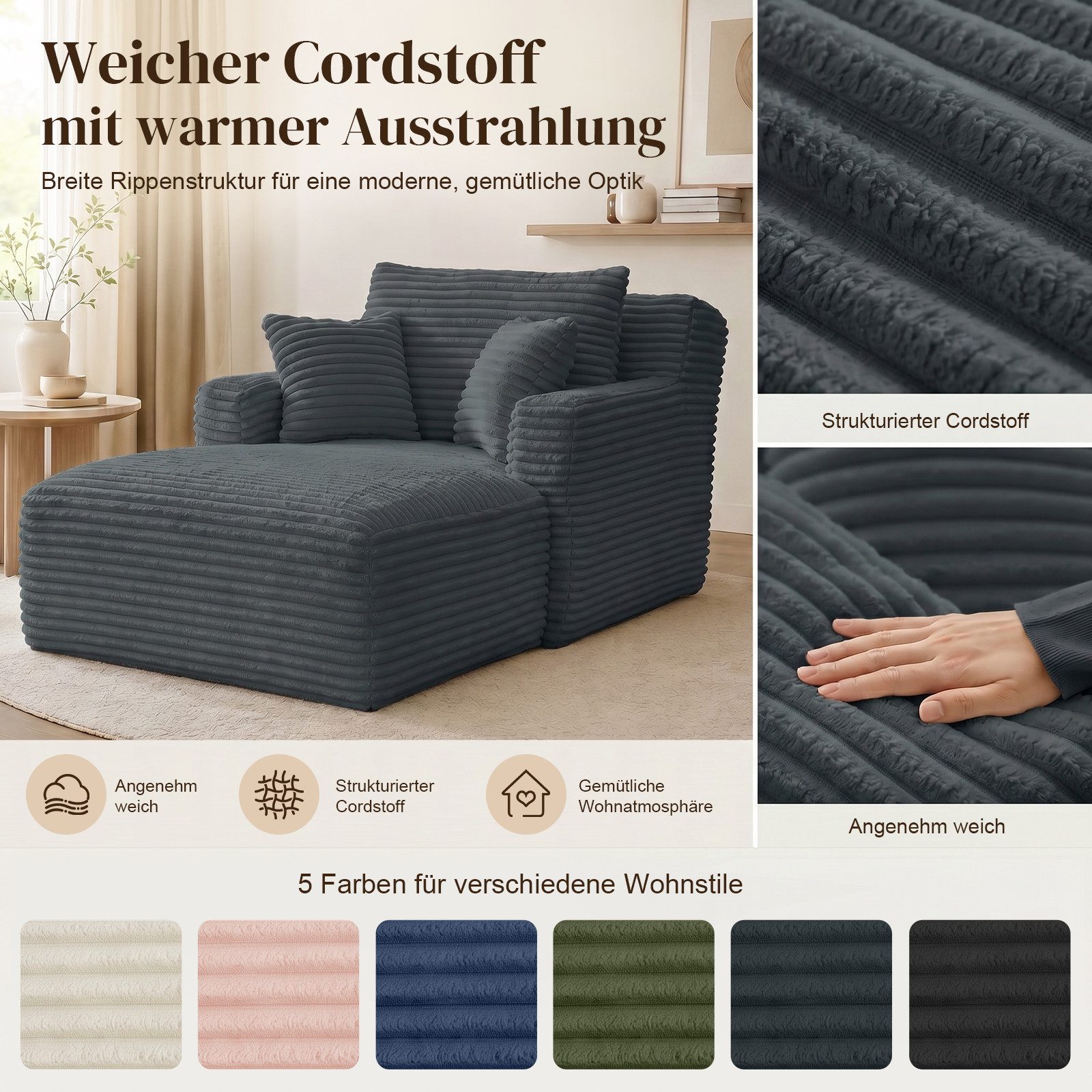ANYSUN Loungesofa Modernes Chaiselongue-Sofa,Cord-Schlafsofa, 2 Kissen,Relaxsessel Cord, ohne Montage mit Taschenfederkern & Schaumstoffpolsterung,Loungesofa, L – Bild 4 von 5