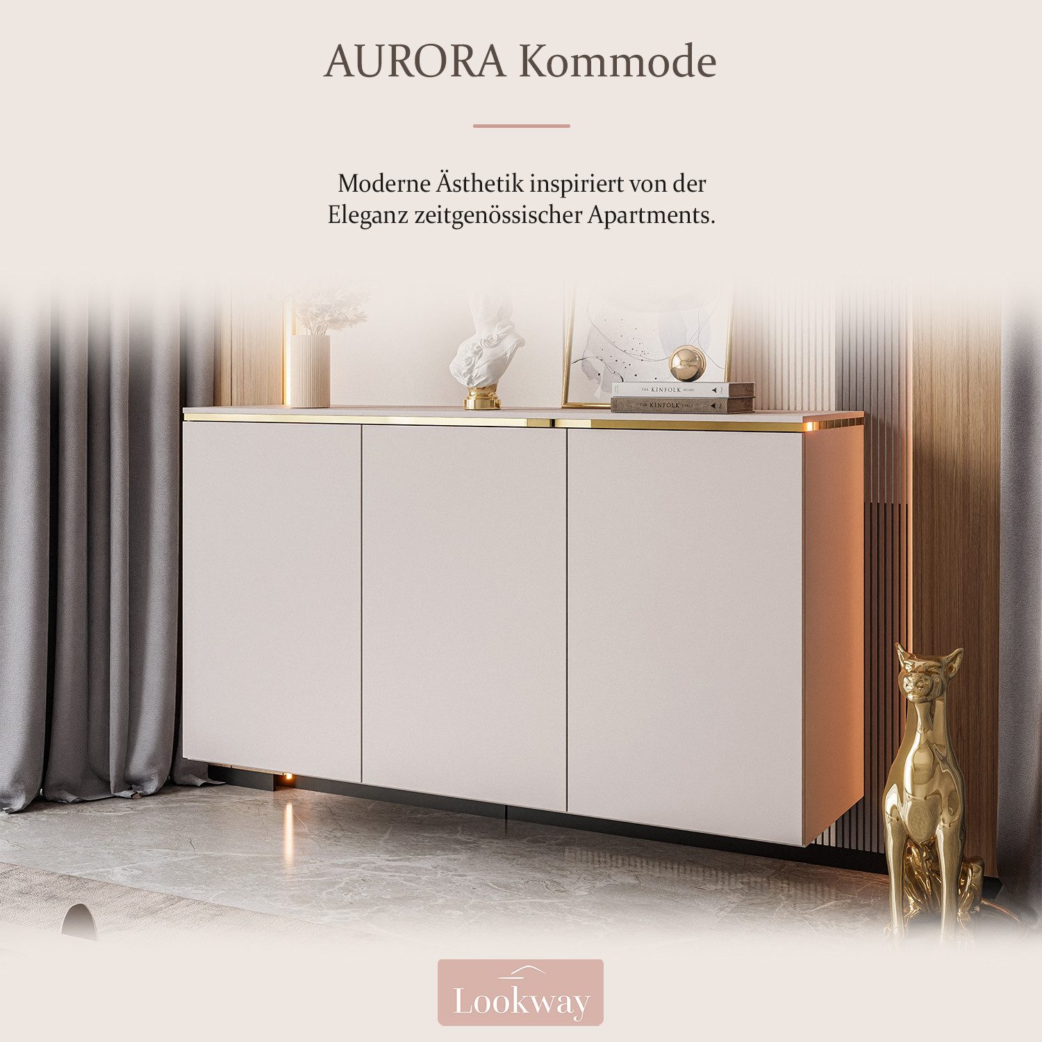 Lookway Kommode AURORA II Kaschmir Hängende Anrichte mit Dreitürige oder auf Beinen, 140x76/90/91x40 cm – Bild 2 von 5