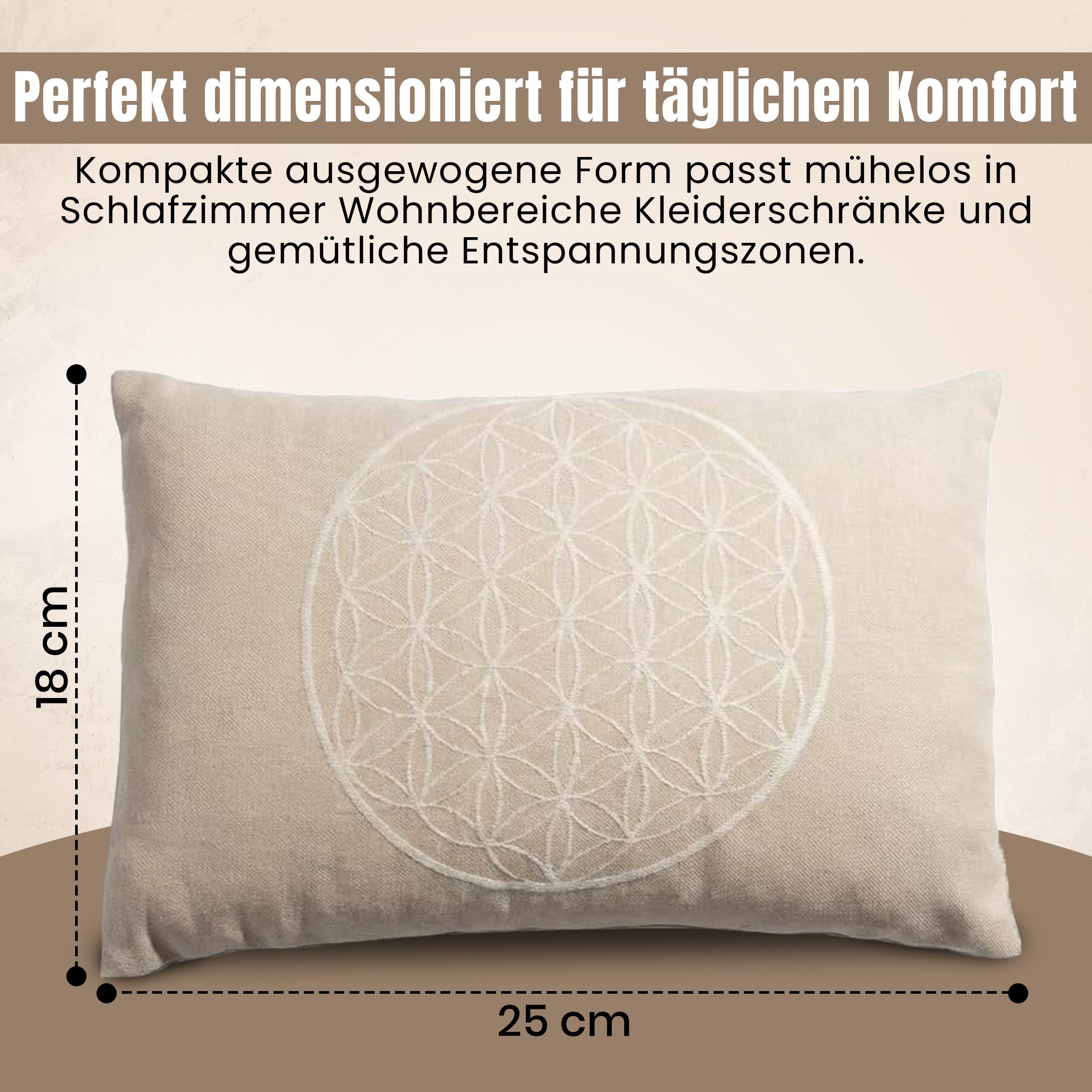geborgenschlafen Zirbenkissen Blume des Lebens – Dekokissen mit Zirbenspänen – Bio Baumwolle, Deutsche Handfertigung - Nachhaltige Forstwirtschaft