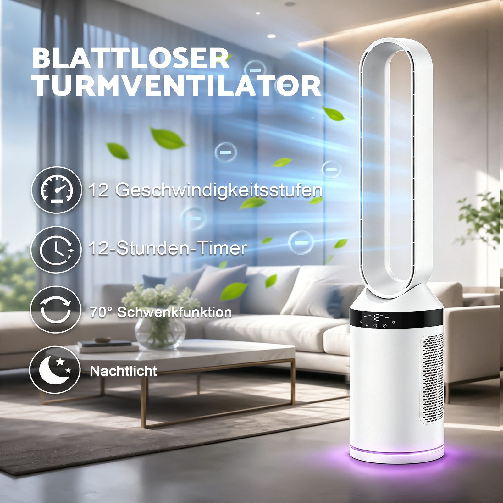 Rebonique Turmventilator Blattloser Ventilator mit Fernbedienung Standventilator sehr Leise, Tower-Ventilator 2 Modi, 70° Oszillation, 12H Timer, Nachtlicht