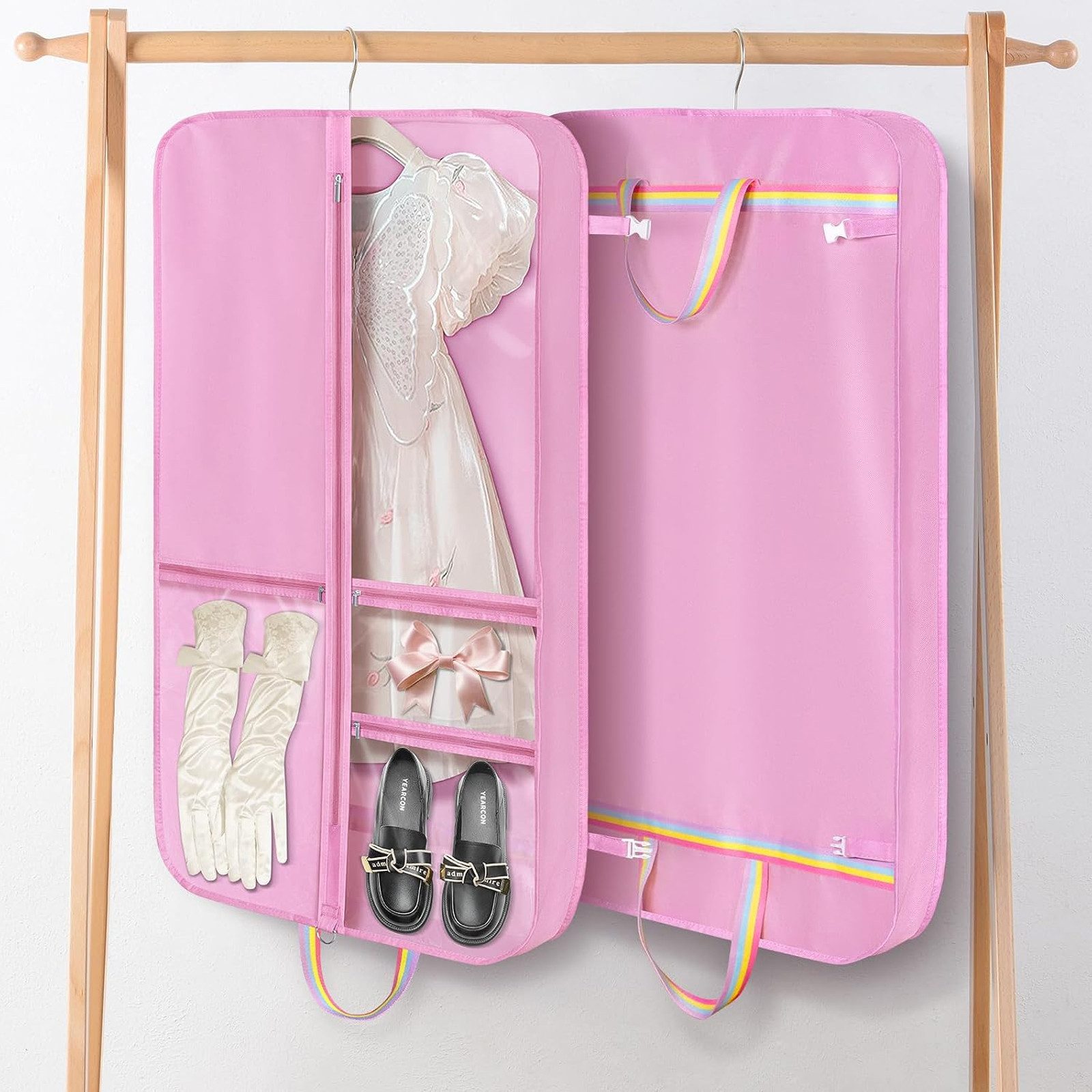 BOOD Kleidersack Rosa Tanz-Kleidersack mit mehreren Fächern für Kinderkleidung (Packung, 1 St., Kleidersack für Tanzbekleidung, Griffe im Regenbogen-Design) Zus – Bild 3 von 5