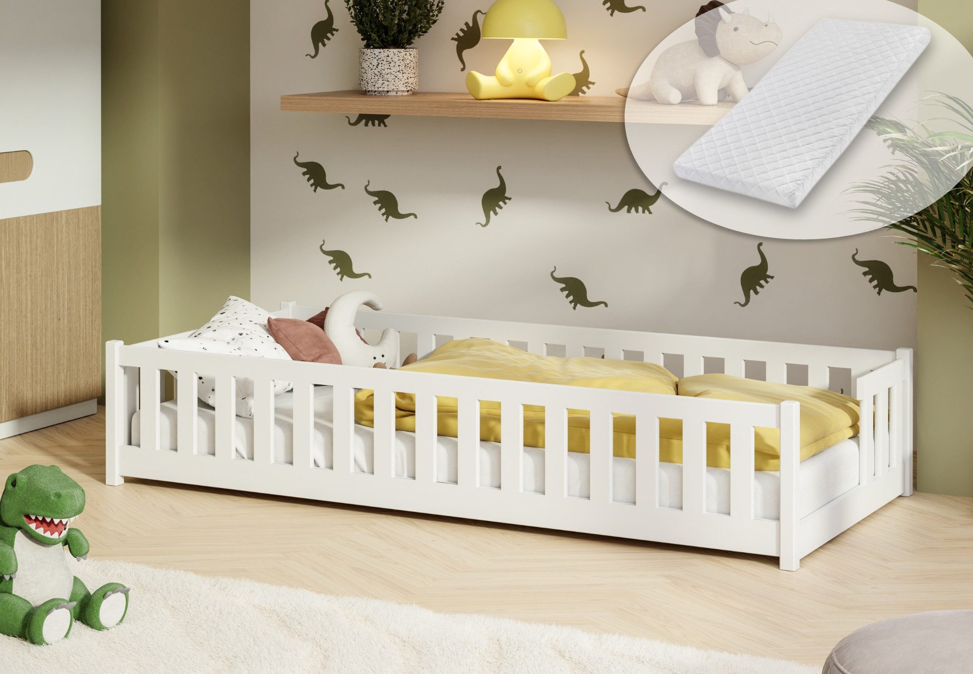 Kids Collective Kinderbett Bodenbett mit Rausfallschutz & Lattenrost Montessori Betten Kinder (Verfügbare Größen: 80 x 160, 80 x 180, 90 x 190, 90 x 200, 120 x 200, 140 x 200 cm), Jugendbett Einzelbett Kiefer mit Matratze Weiß 80x180 cm