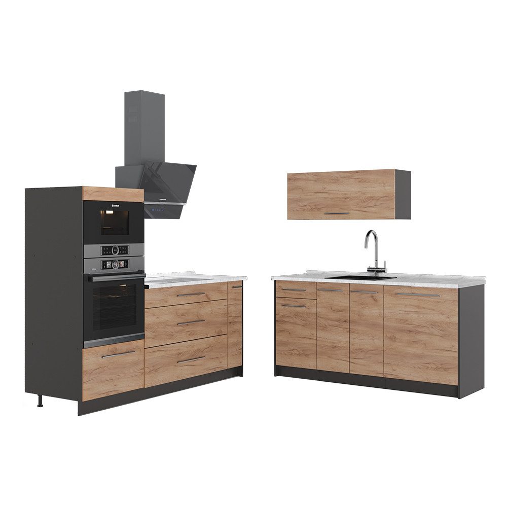 Vicco Küchenzeile Fame-Line, Goldkraft Eiche/Anthrazit, 340 cm, AP Marmor