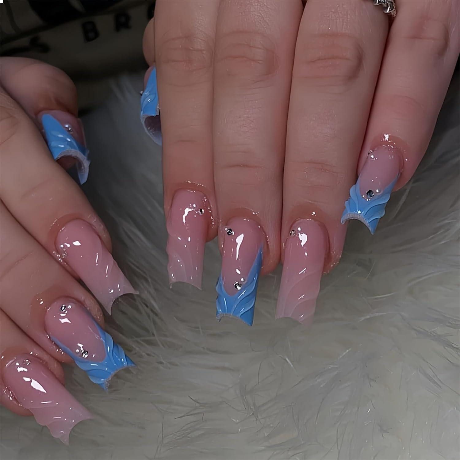 Kunstfingernägel 24 Stück 3D Gelnail Quadratische French Tip Press On Nails Acryl Nagel