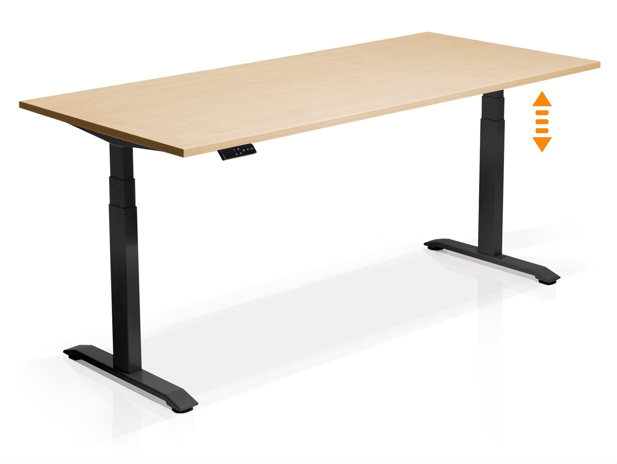 Moebel-Eins Schreibtisch, OFFICE ONE elektrisch höhenverstellbarer Schreibtisch / Stehtisch, Material Dekorspanplatte schwarz | ahornfarbig