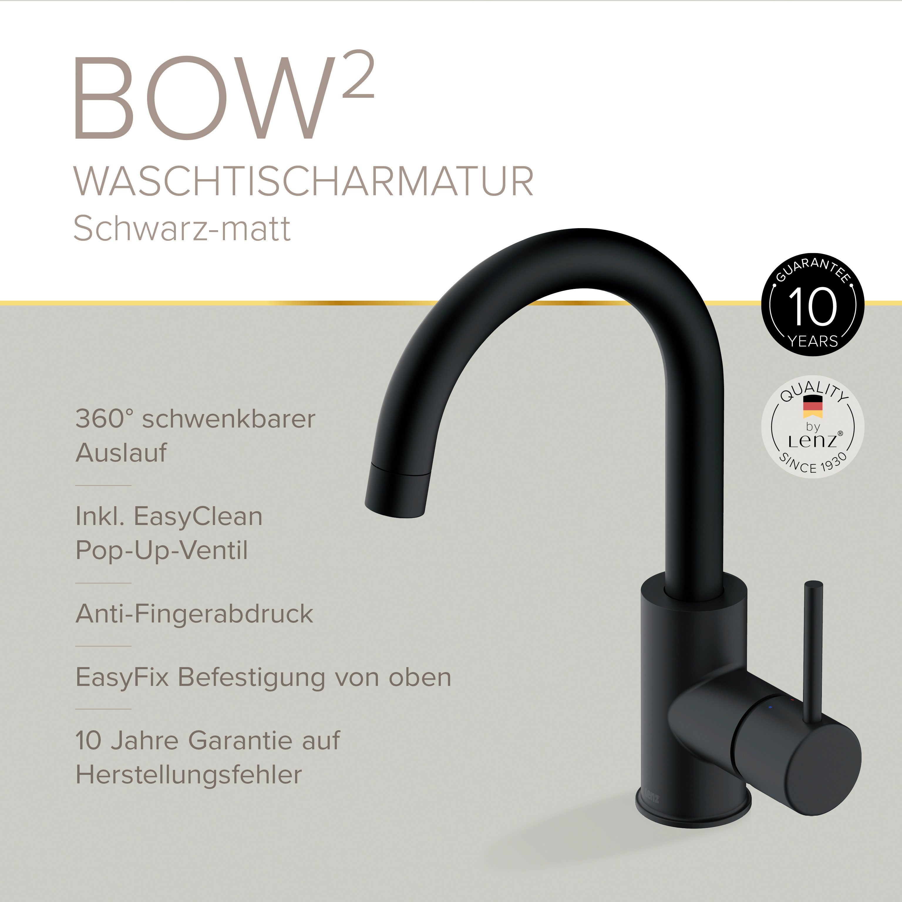 Lenz Waschtischarmatur BOW2 (Armatur mit Pop-Up-Ventil) EasyFix Befestigung – Bild 3 von 5