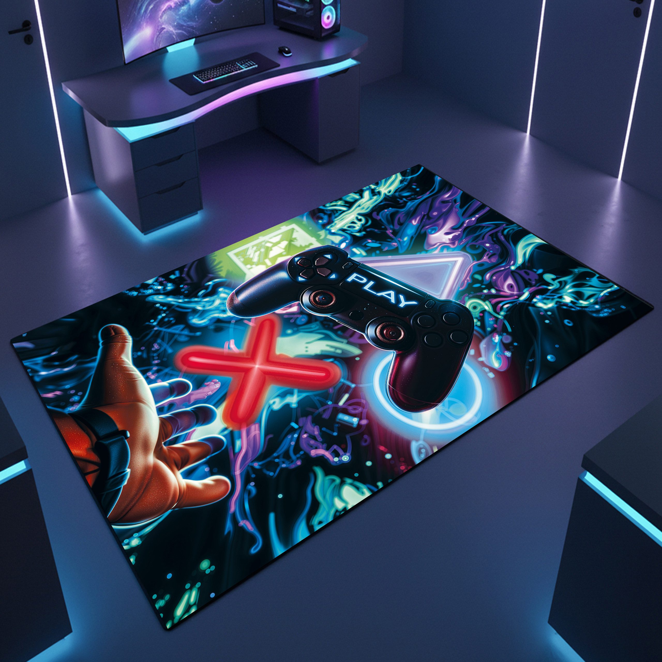 TeppichHome24 Teppich Gaming Teppich mit neonfarbigen Symbolen, rechteckig, pflegeleicht, gleichmäßige Oberfläche, für Fußbodenheizung geeignet