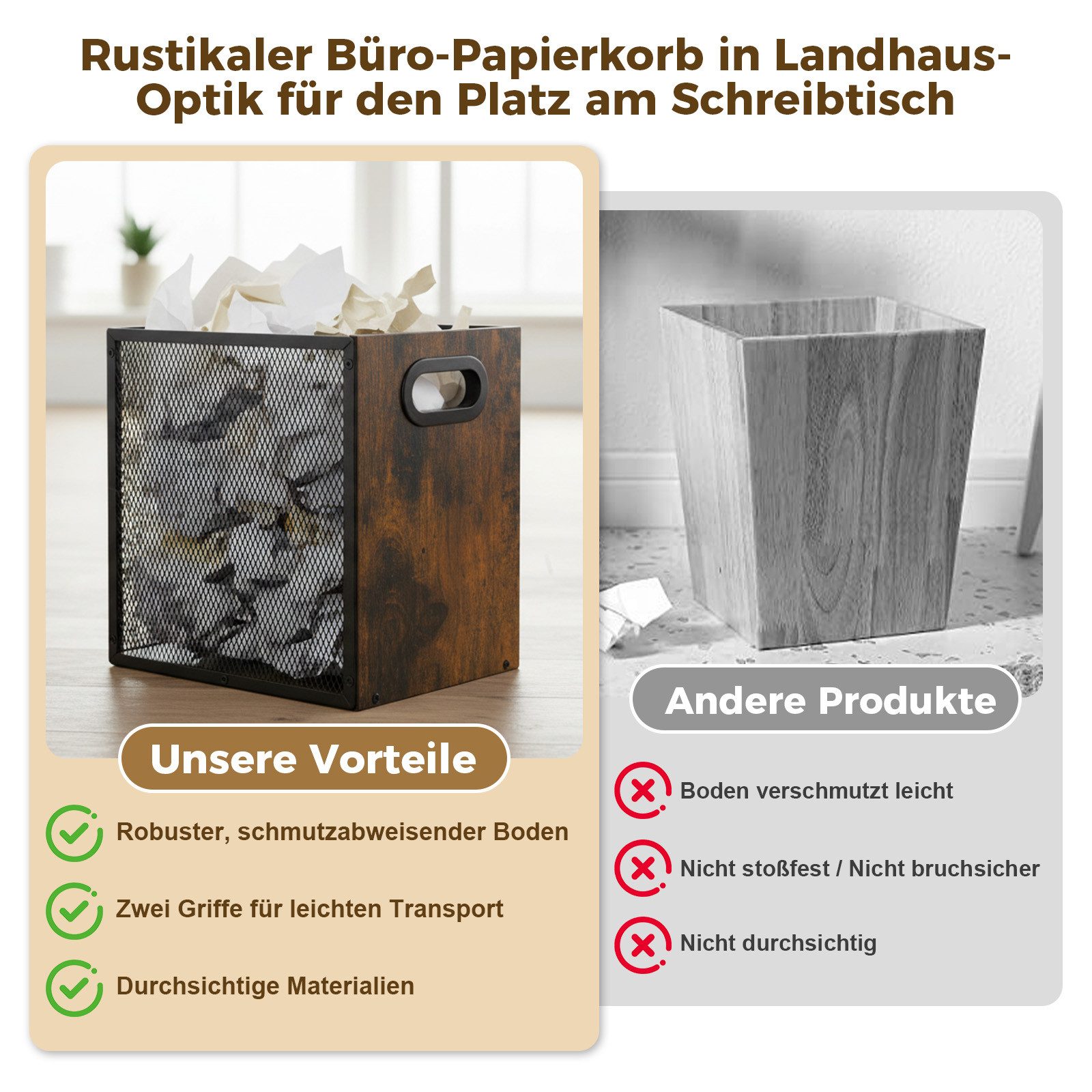 PRIISF Papierkorb Mülleimer Müllkorb Abfalleimer Papierkorb Papiereimer aus Stahl Holz, 17L Papiermüll Metallgitter Müllbehälter für Heimbüro, Arbeitszimmer