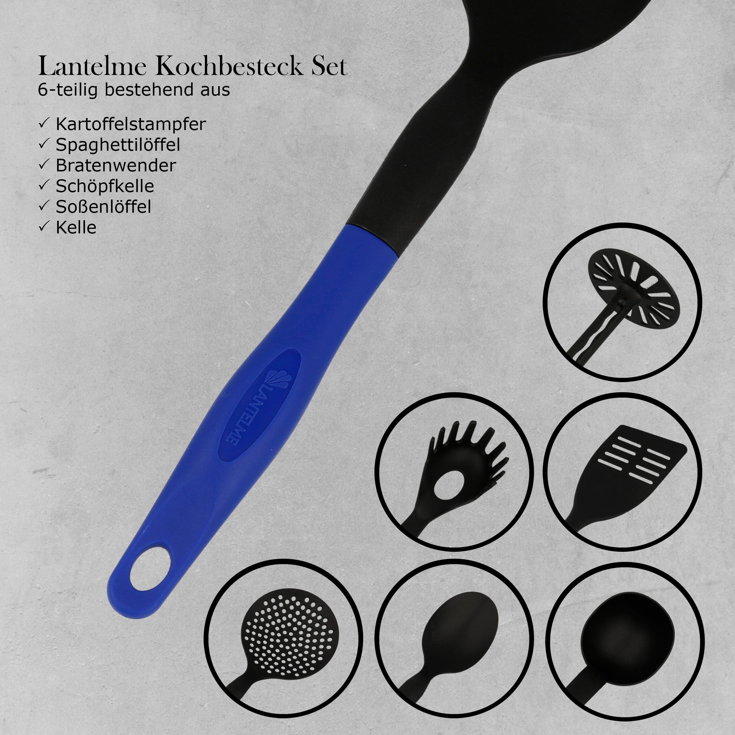 Lantelme Kochbesteck-Set Küchenhelfer blau-schwarz Hakenleiste Kochbesteck mit (7-tlg)