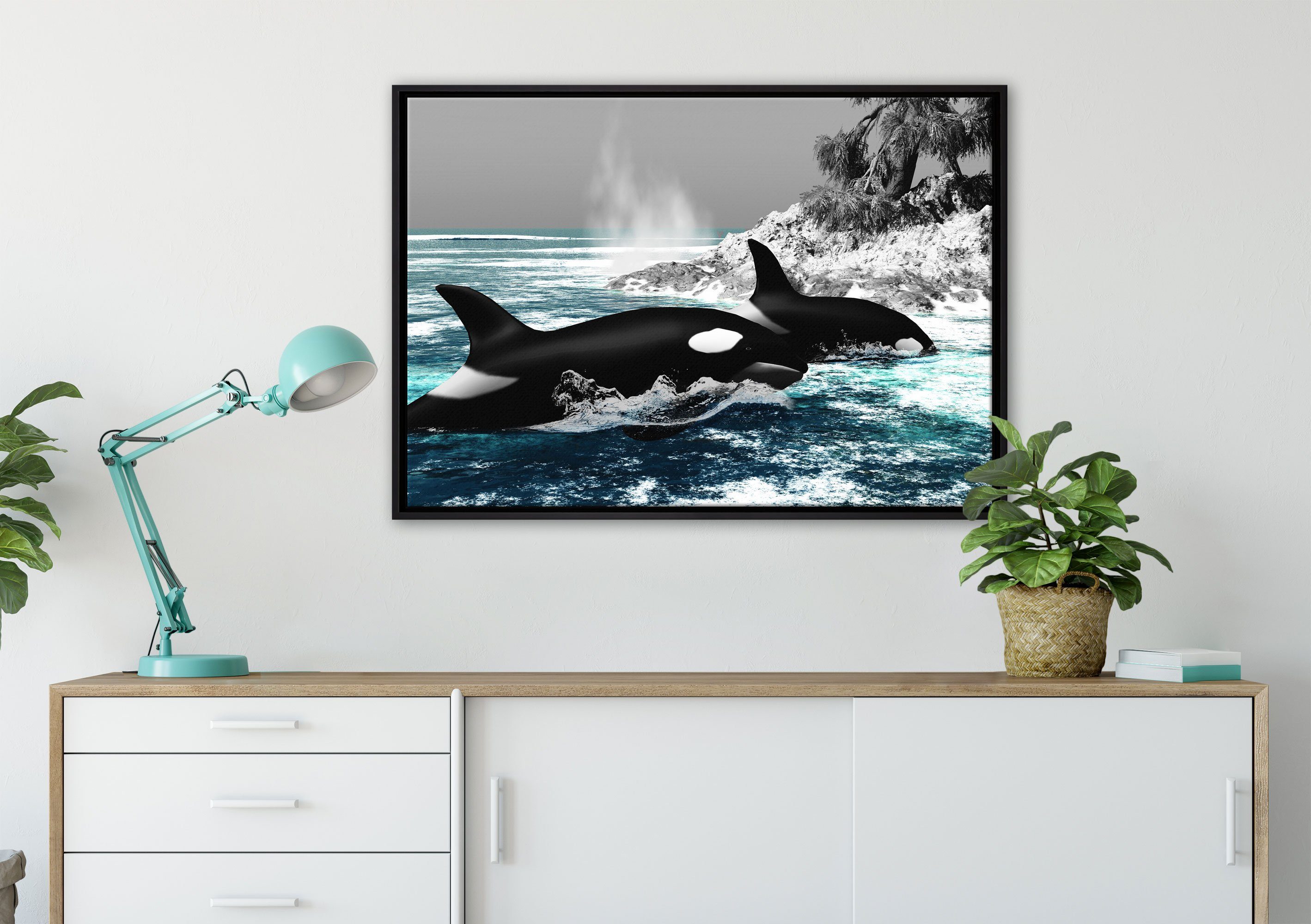 Pixxprint Leinwandbild schöne gefasst, (1 Wanddekoration Orcas einem fertig Insel, Schattenfugen-Bilderrahmen bespannt, vor inkl. Zackenaufhänger St), Leinwandbild in