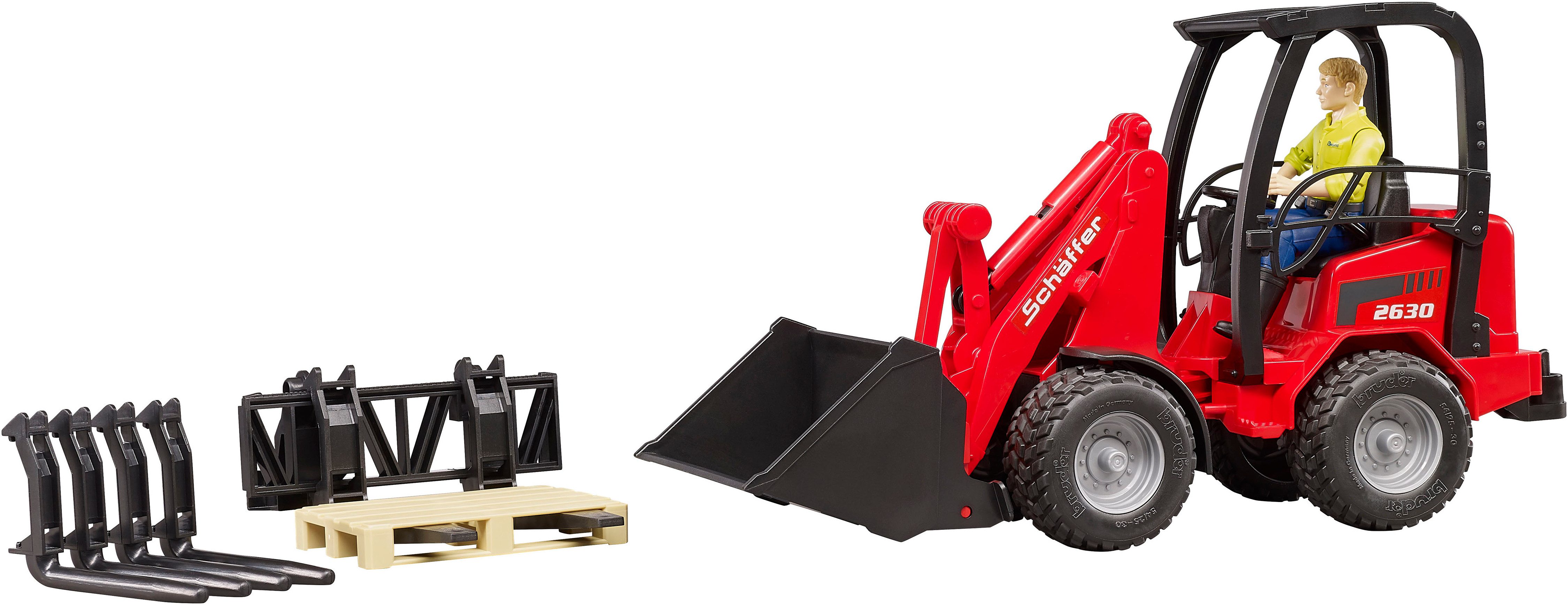Bruder® Spielzeug-Bagger Schäffer Hoflader 2630 mit Figur und Zubehör (02191), Made in Europe