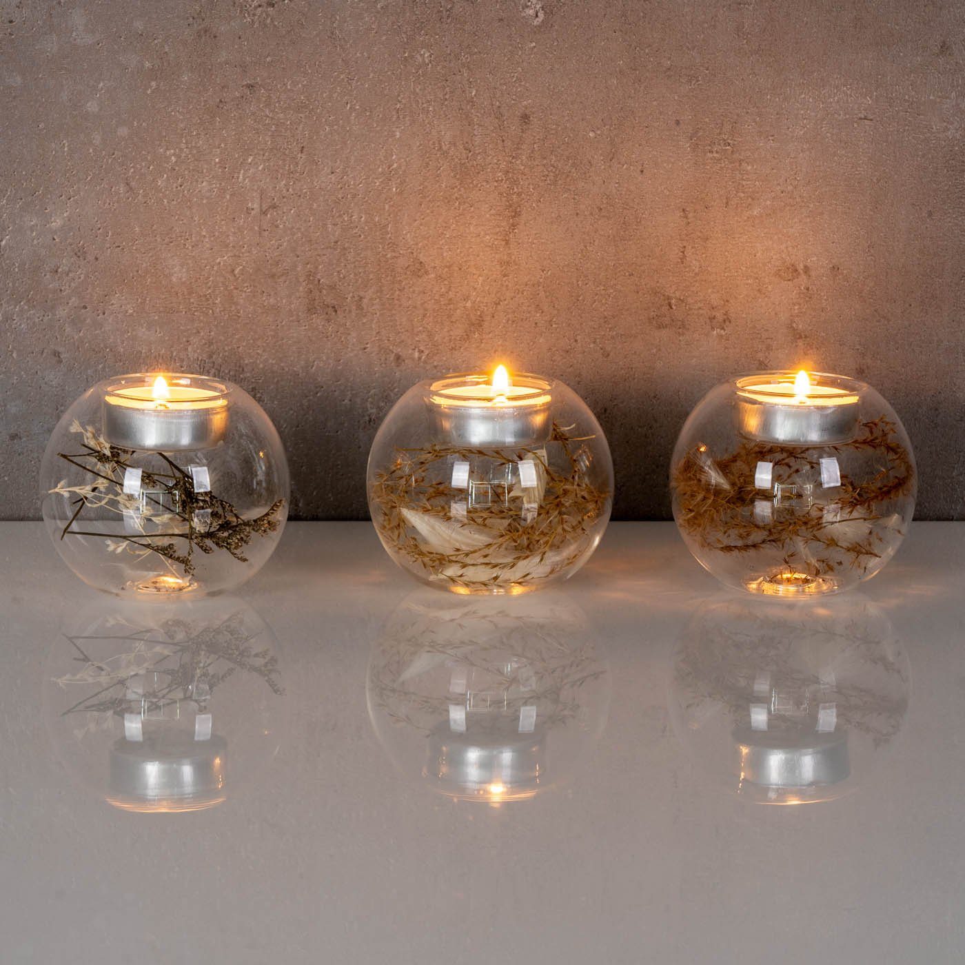 Set Levandeo® Dekoobjekt, Blumen Teelichthalter 3er Glaskugel Set Kerzenständer 5 Bohodeko