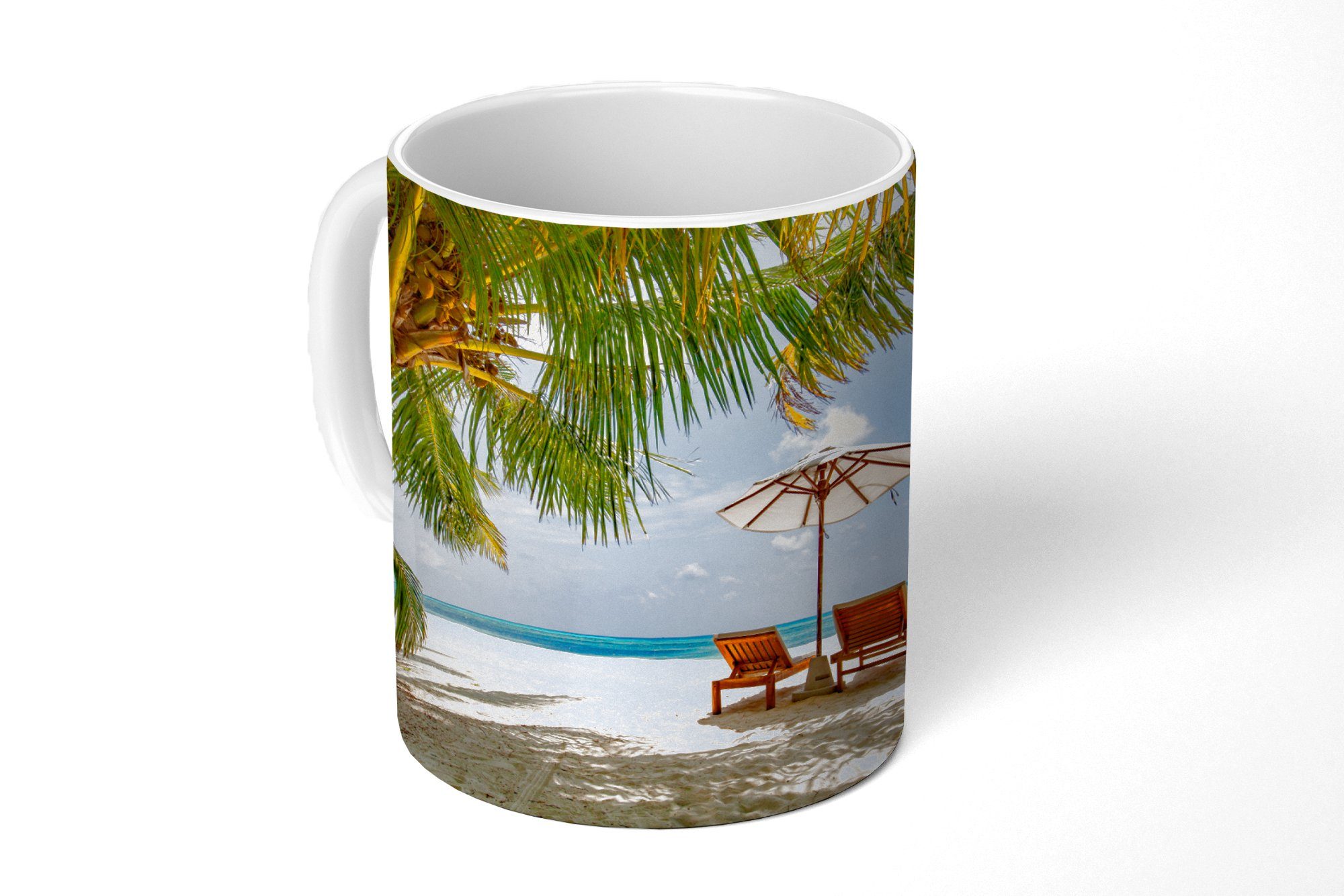 MuchoWow Tasse Strand - Strandkorb - Sonnenschirm, Keramik, Kaffeetassen, Teetasse, Becher, Teetasse, Geschenk
