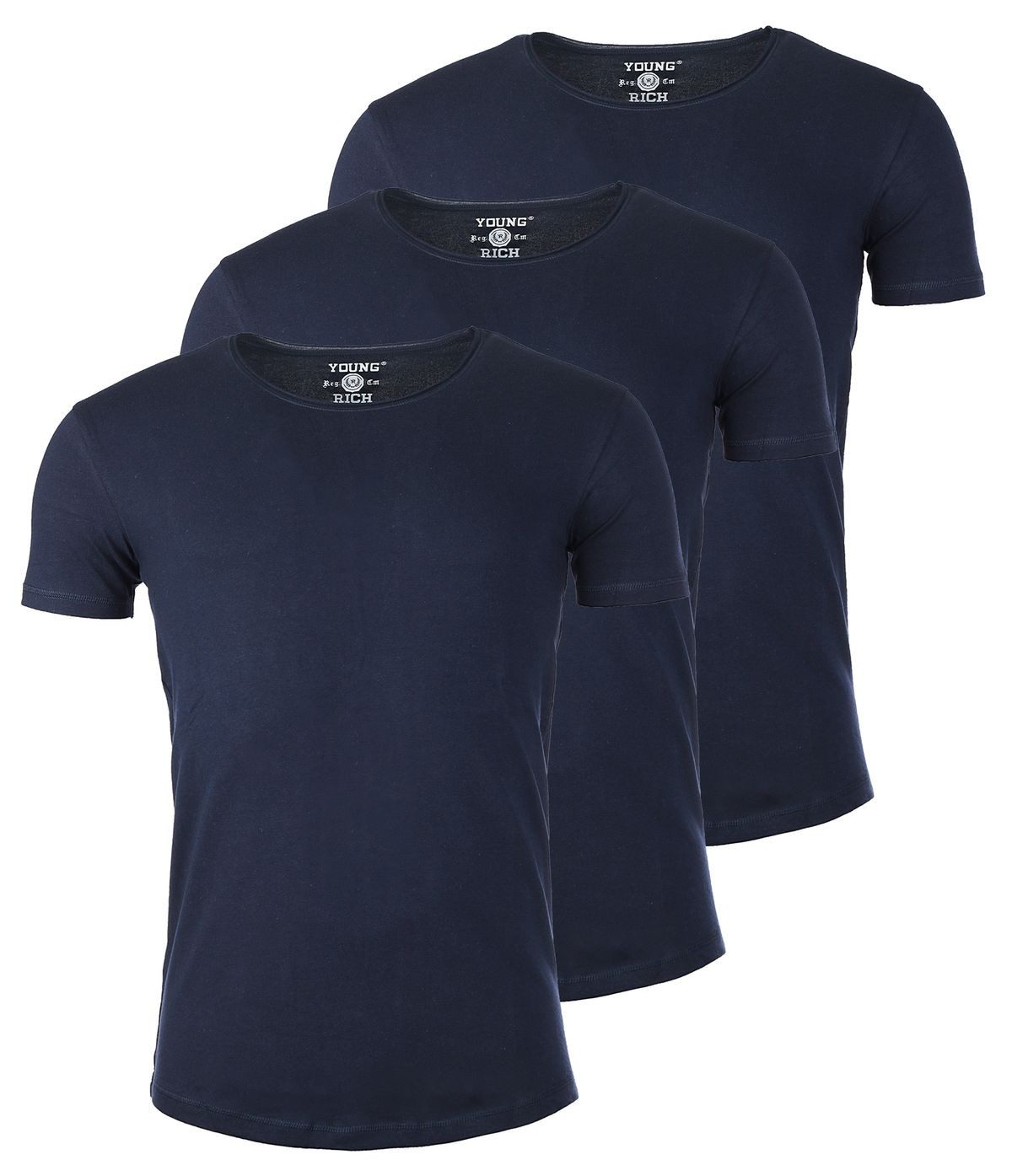 Young & Rich T-Shirt Herren Uni Basic 1702 tief-breit geschnittener Ausschnitt vintage Look (3er-Pack, 3-tlg., 3er-Pack) Rundhalsauschnitt unifarben kurzarm slim fit
