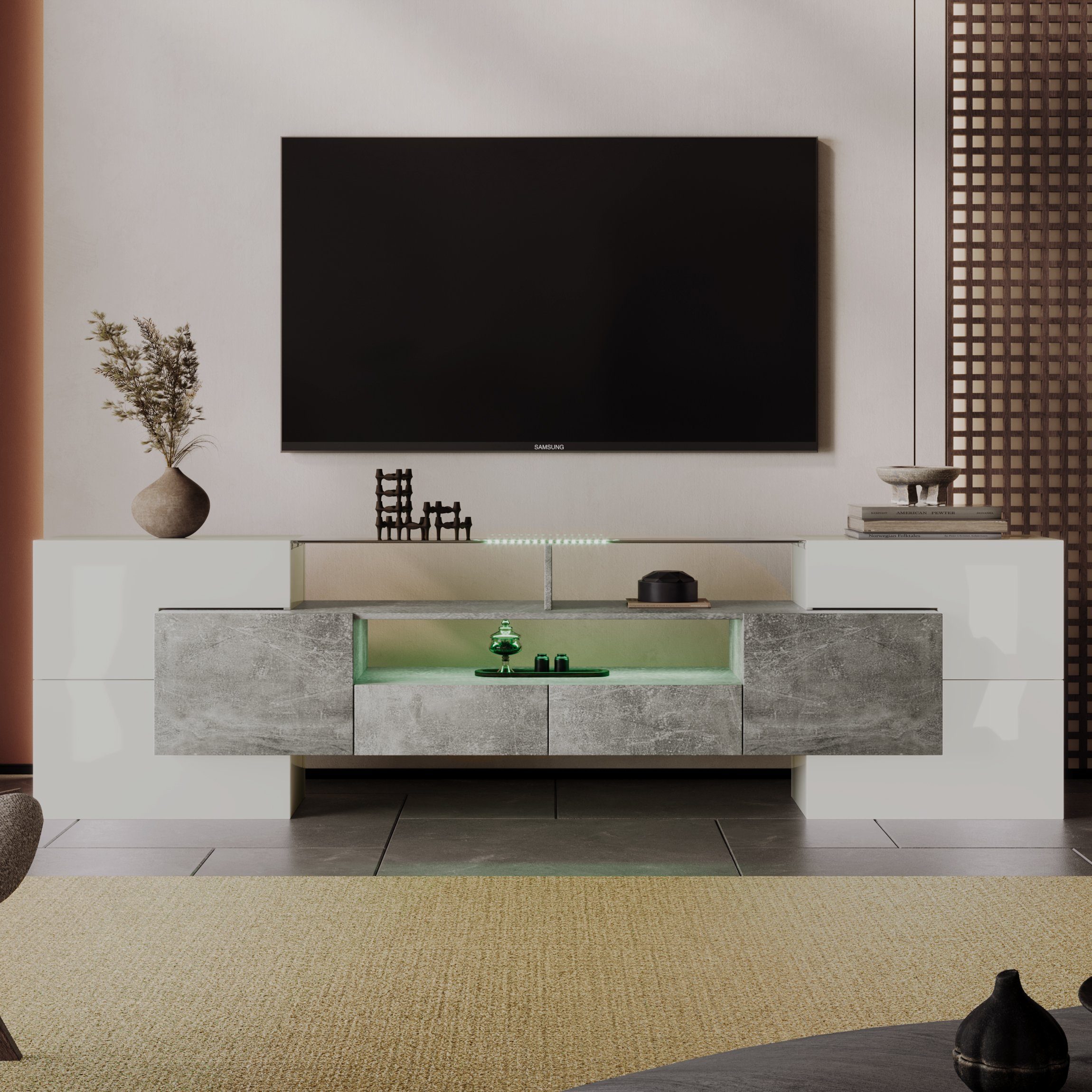 Lowboard modernes TV LED-Beleuchtung, (1-St., Weiß+Grau, Wohnzimmermöbel. TV-Schrank Design cm) Schrank OKWISH 200